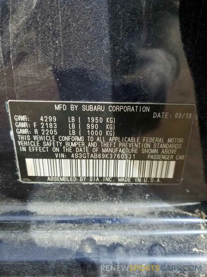 14 fotografías del automóvil dañado 4S3GTAB69K3760331 SUBARU IMPREZA 2019