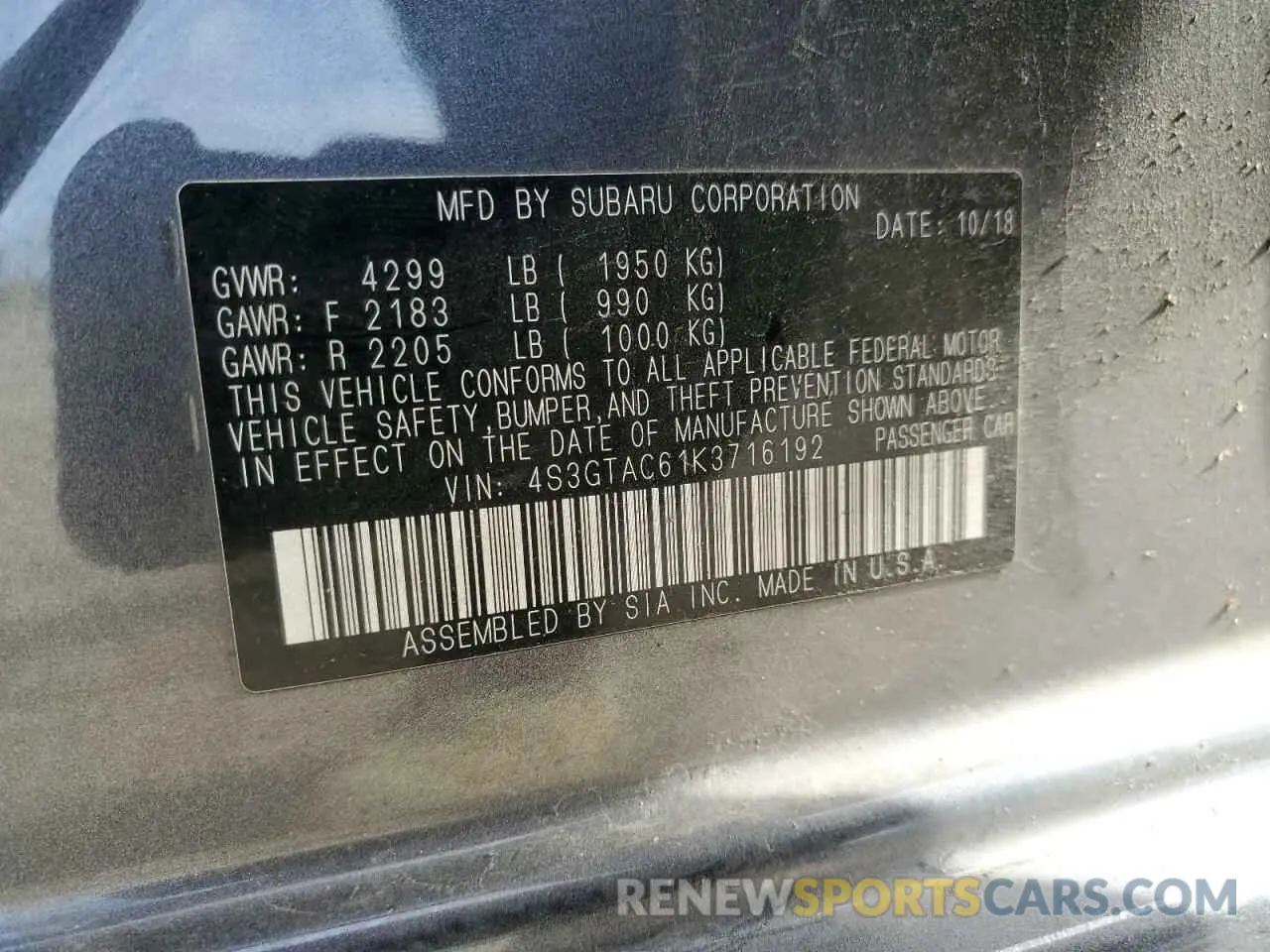 13 fotografías del automóvil dañado 4S3GTAC61K3716192 SUBARU IMPREZA 2019