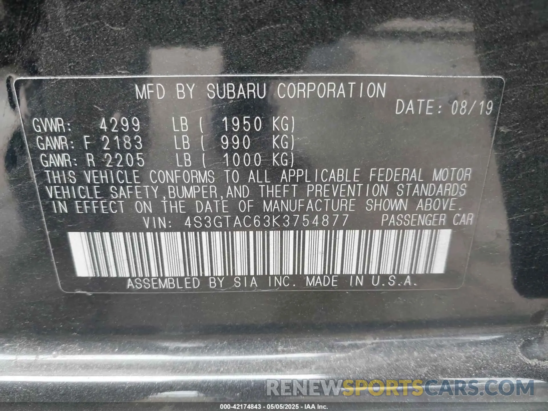 9 fotografías del automóvil dañado 4S3GTAC63K3754877 SUBARU IMPREZA 2019