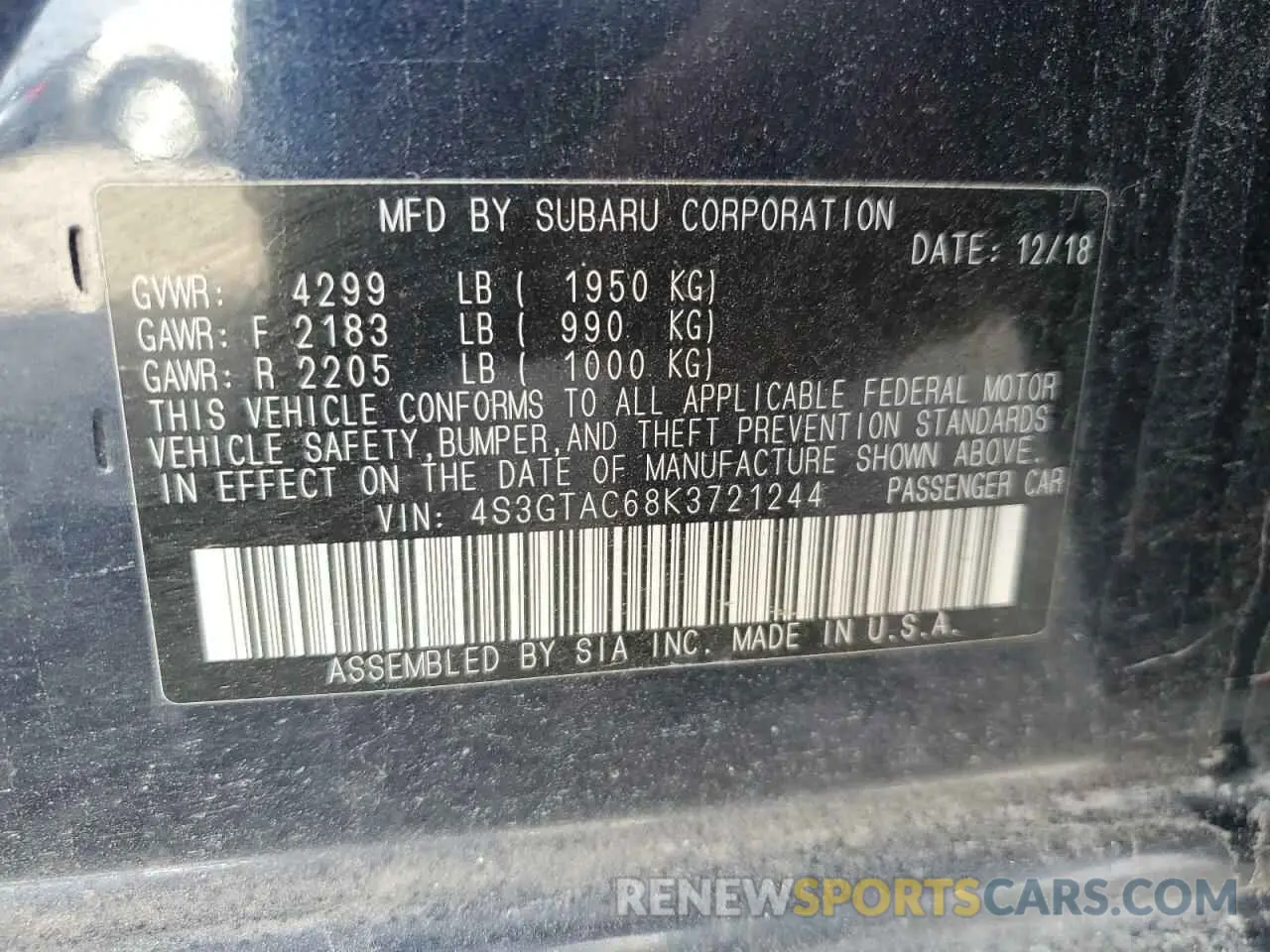 15 fotografías del automóvil dañado 4S3GTAC68K3721244 SUBARU IMPREZA 2019