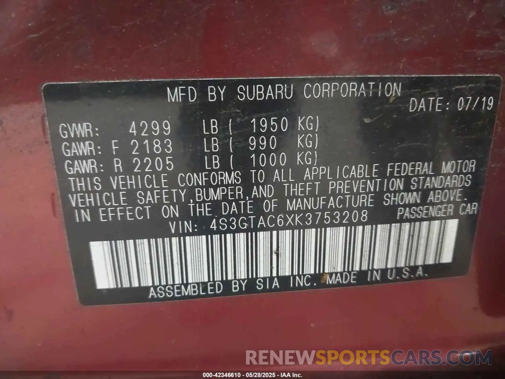 9 fotografías del automóvil dañado 4S3GTAC6XK3753208 SUBARU IMPREZA 2019