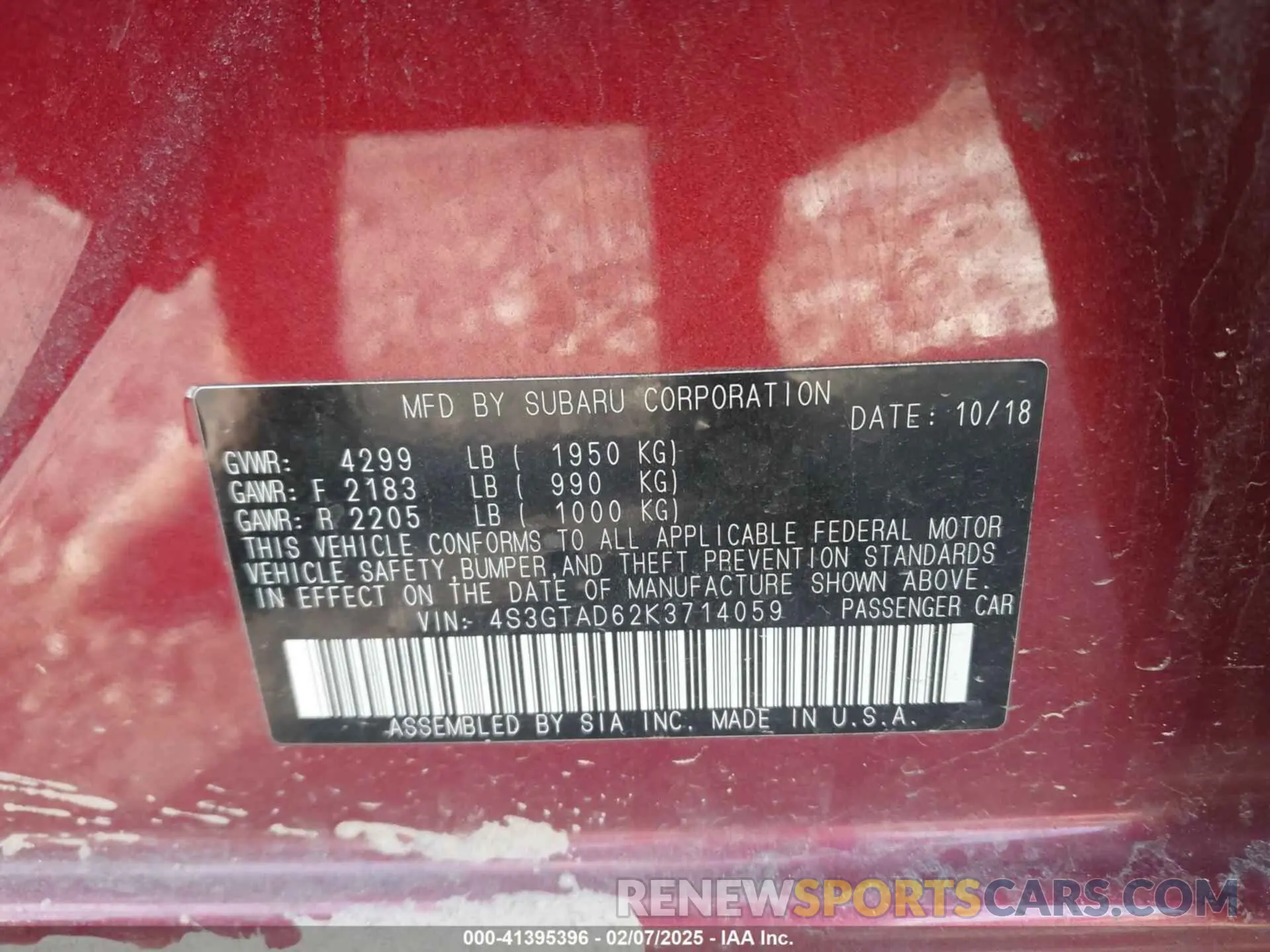 9 fotografías del automóvil dañado 4S3GTAD62K3714059 SUBARU IMPREZA 2019