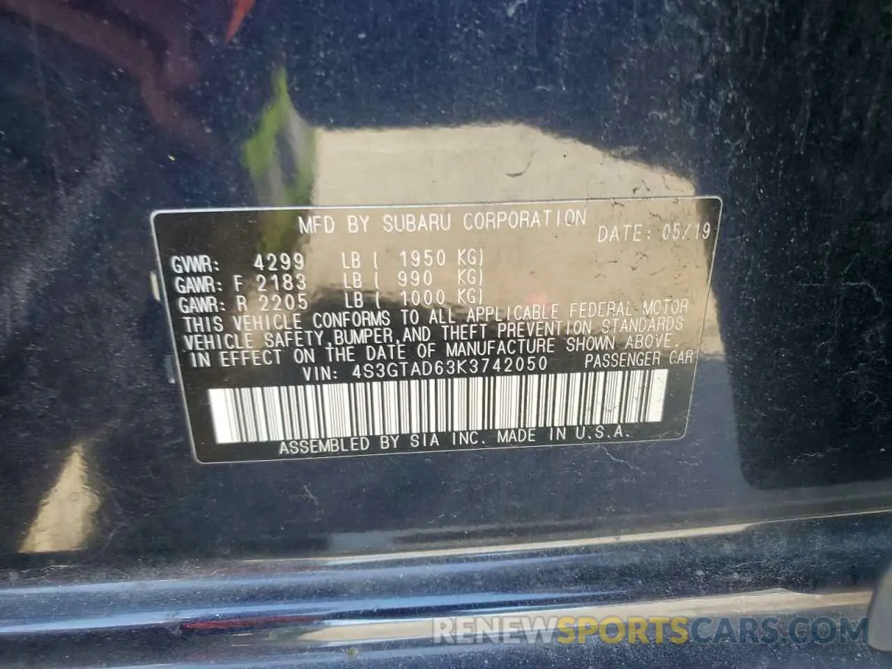 12 fotografías del automóvil dañado 4S3GTAD63K3742050 SUBARU IMPREZA 2019