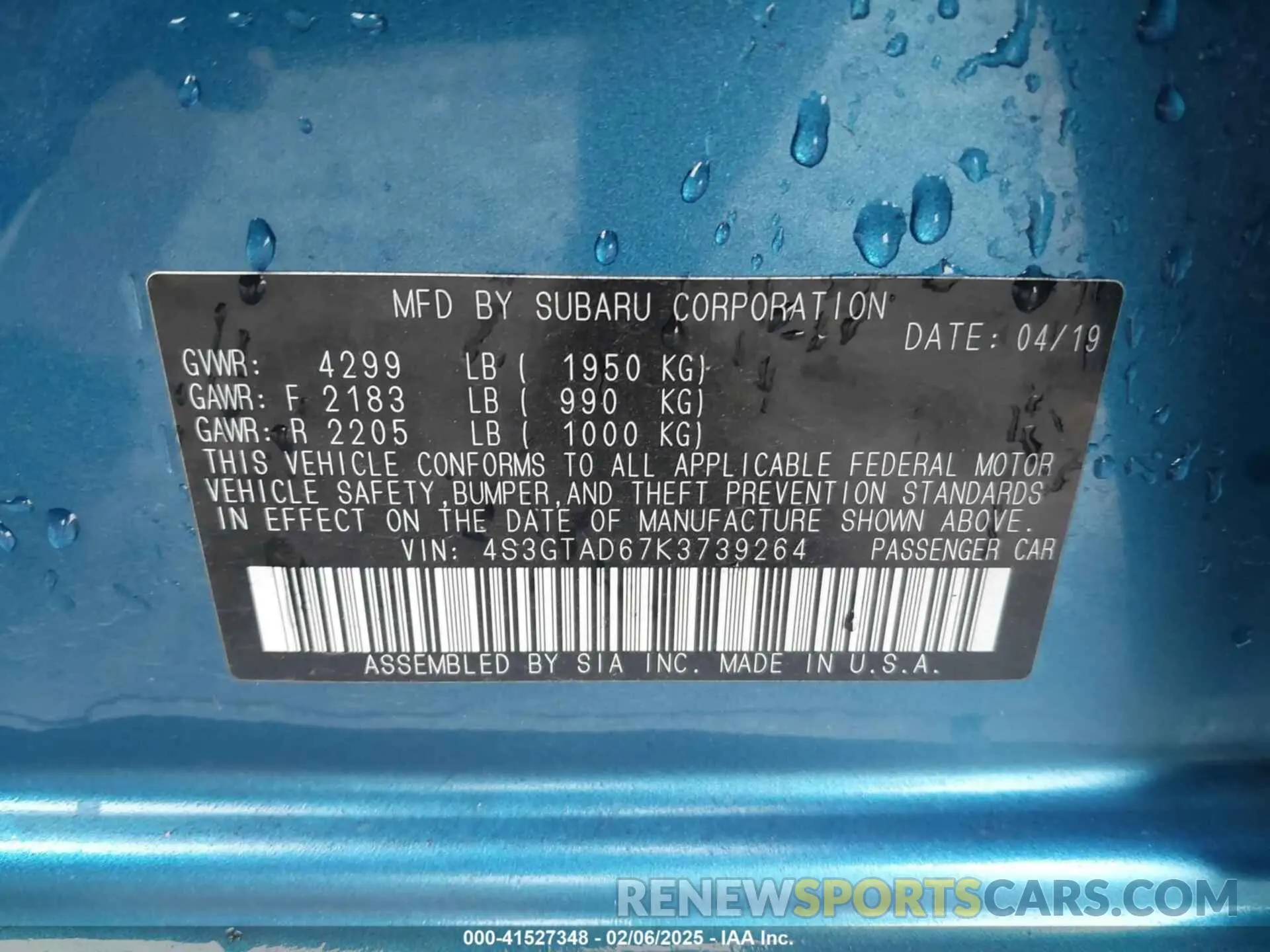 9 fotografías del automóvil dañado 4S3GTAD67K3739264 SUBARU IMPREZA 2019