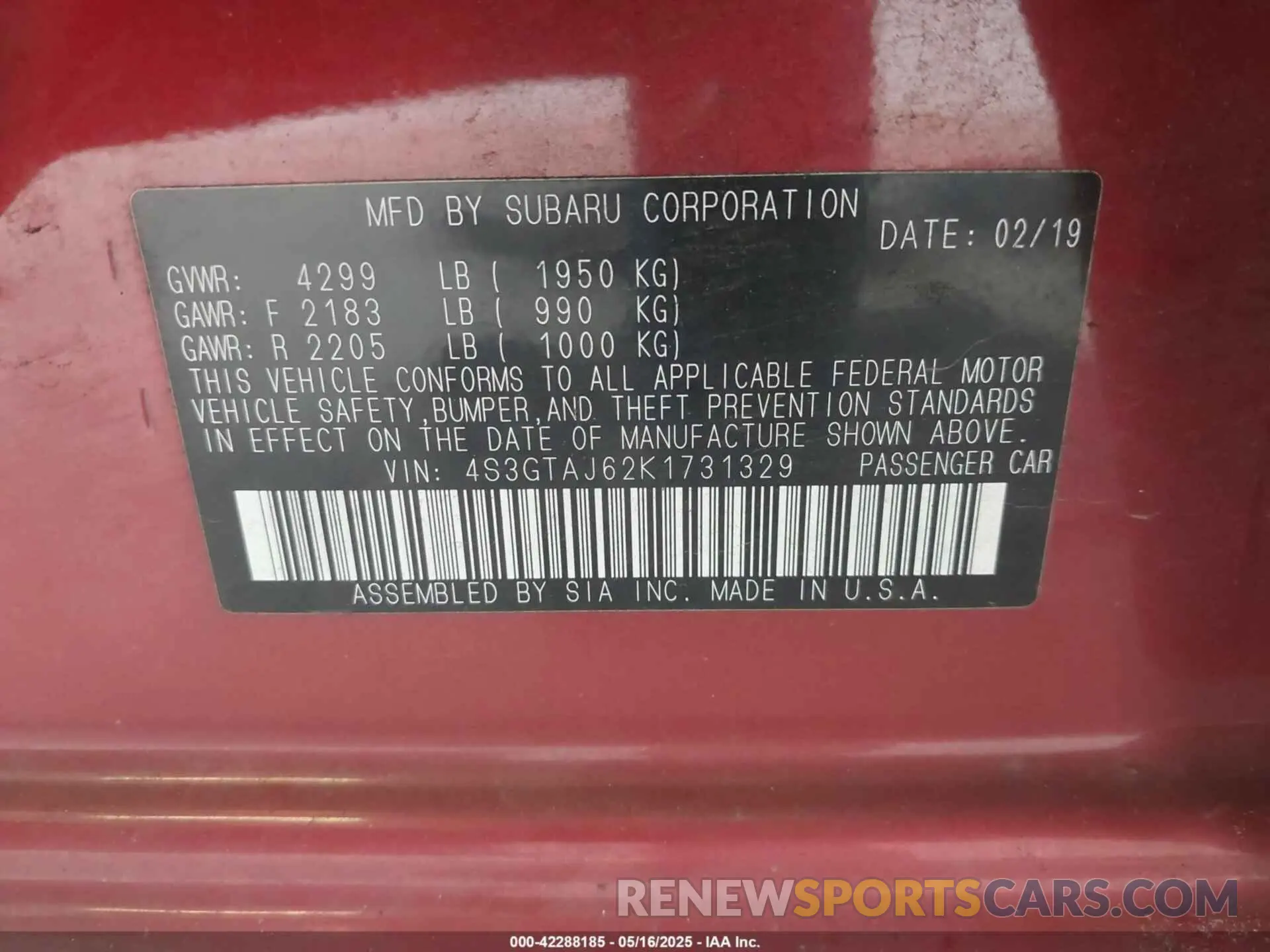 9 fotografías del automóvil dañado 4S3GTAJ62K1731329 SUBARU IMPREZA 2019