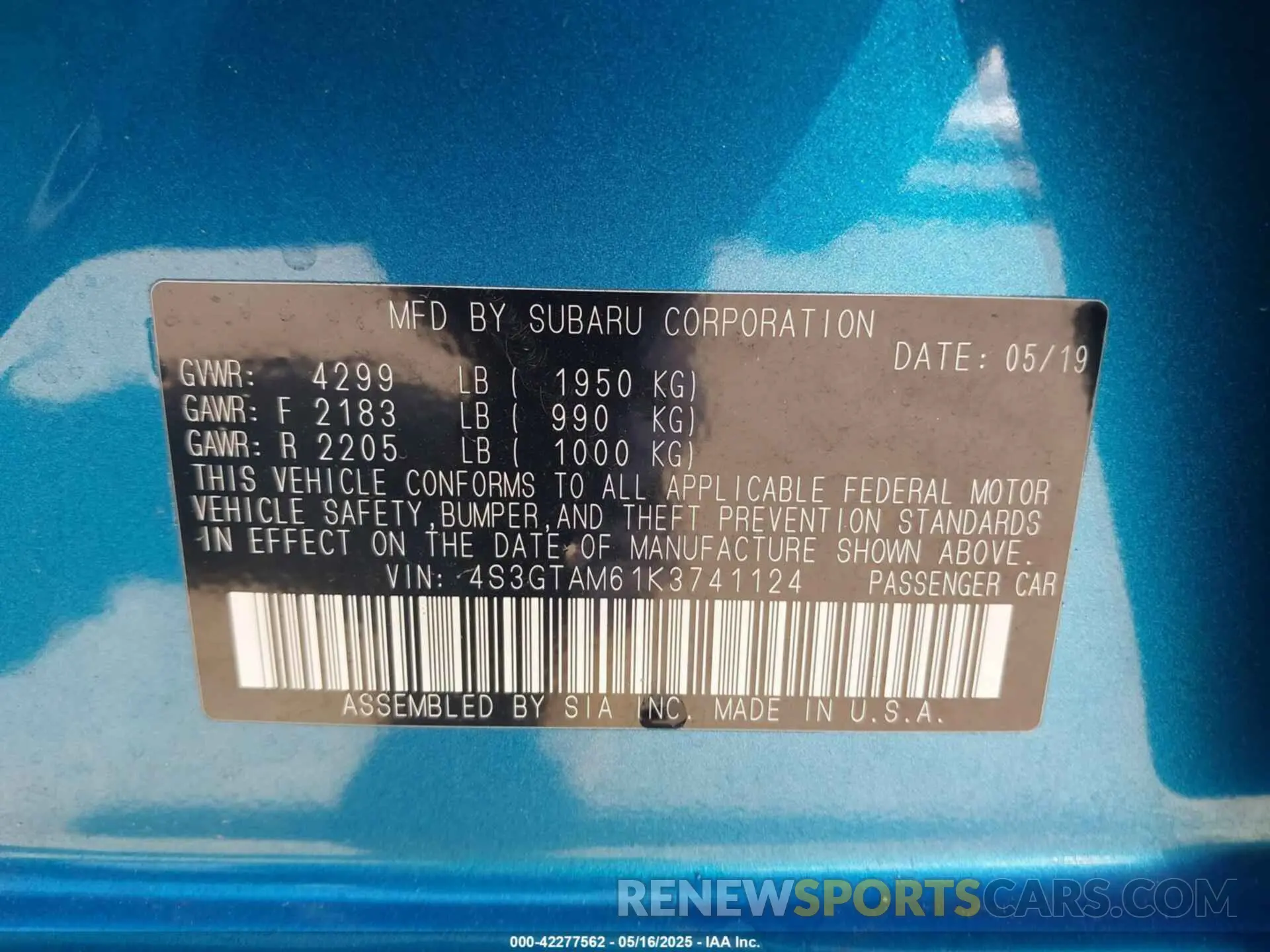 9 fotografías del automóvil dañado 4S3GTAM61K3741124 SUBARU IMPREZA 2019