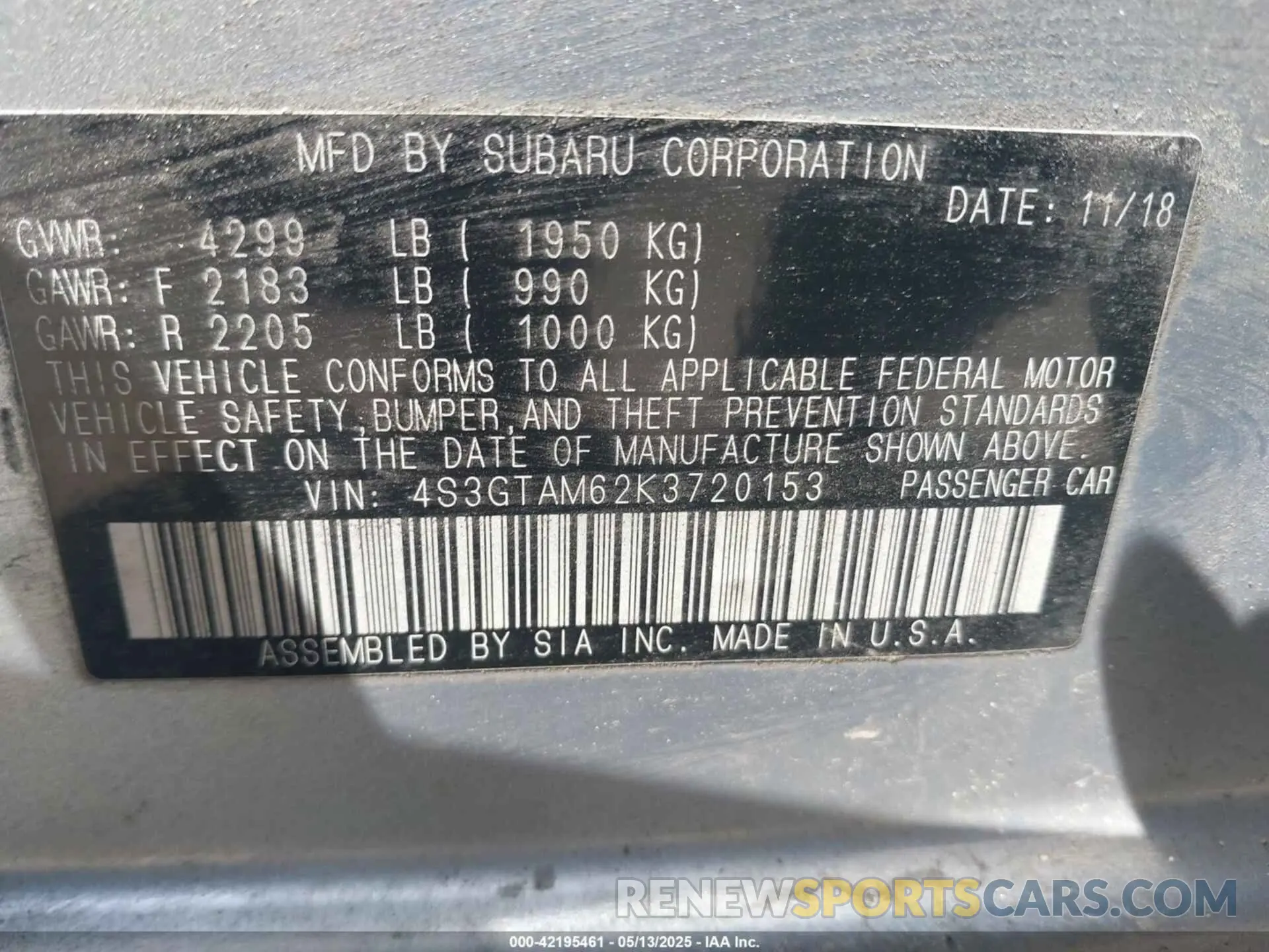 9 fotografías del automóvil dañado 4S3GTAM62K3720153 SUBARU IMPREZA 2019