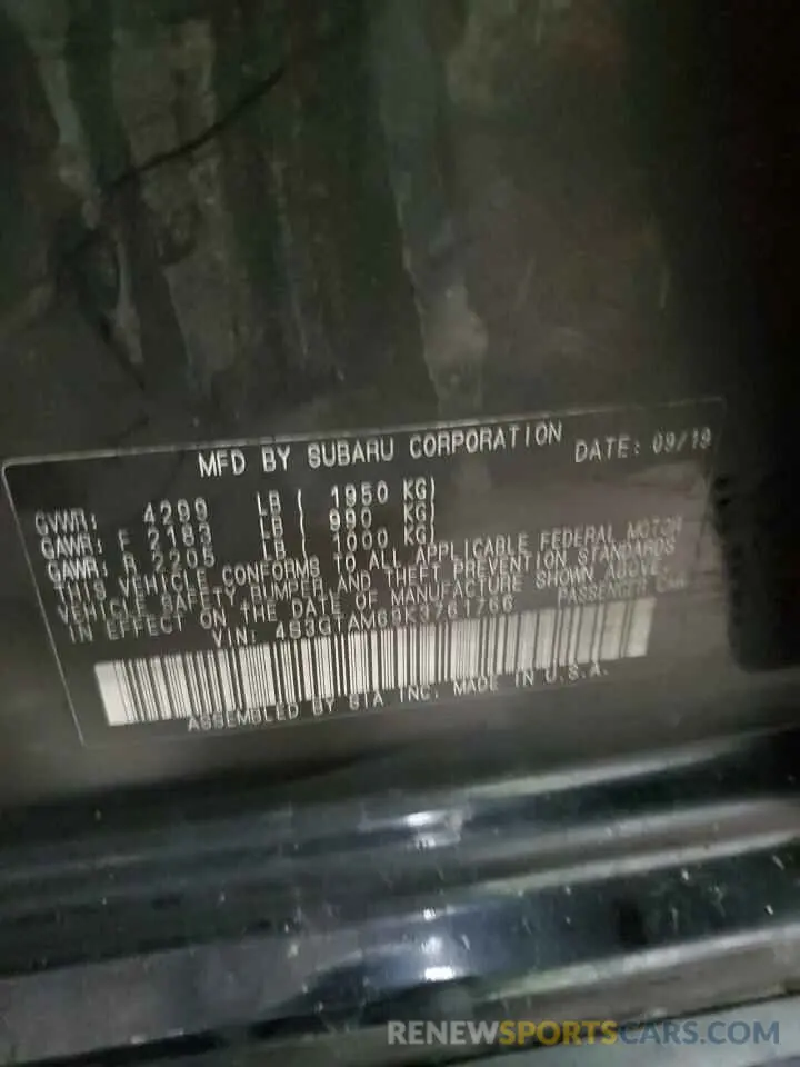12 fotografías del automóvil dañado 4S3GTAM69K3761766 SUBARU IMPREZA 2019