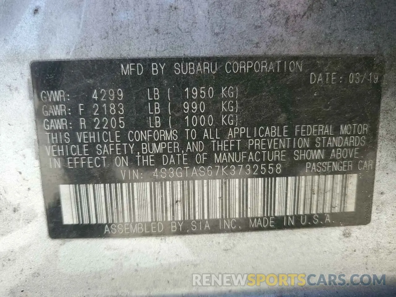 12 fotografías del automóvil dañado 4S3GTAS67K3732558 SUBARU IMPREZA 2019