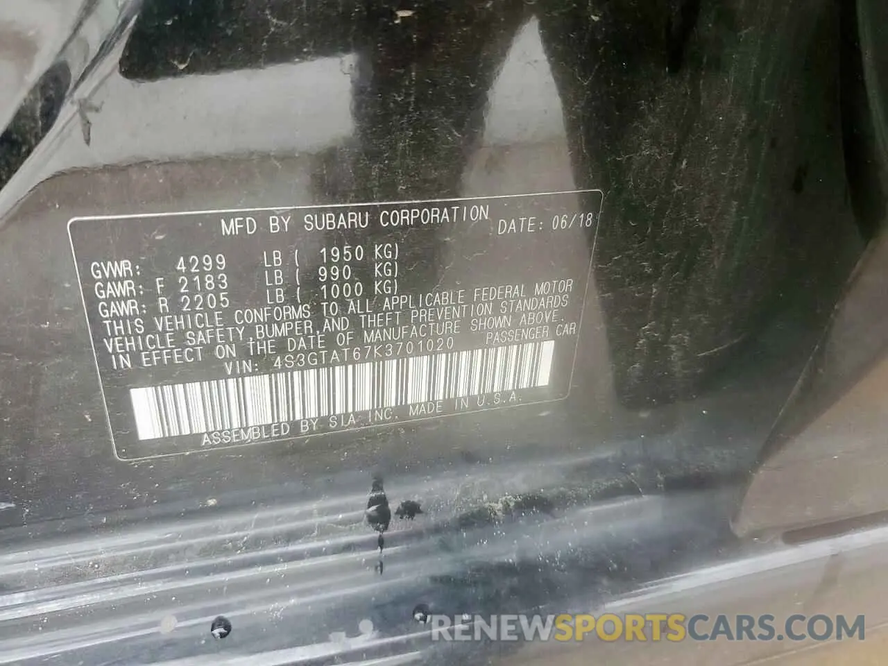 12 fotografías del automóvil dañado 4S3GTAT67K3701020 SUBARU IMPREZA 2019