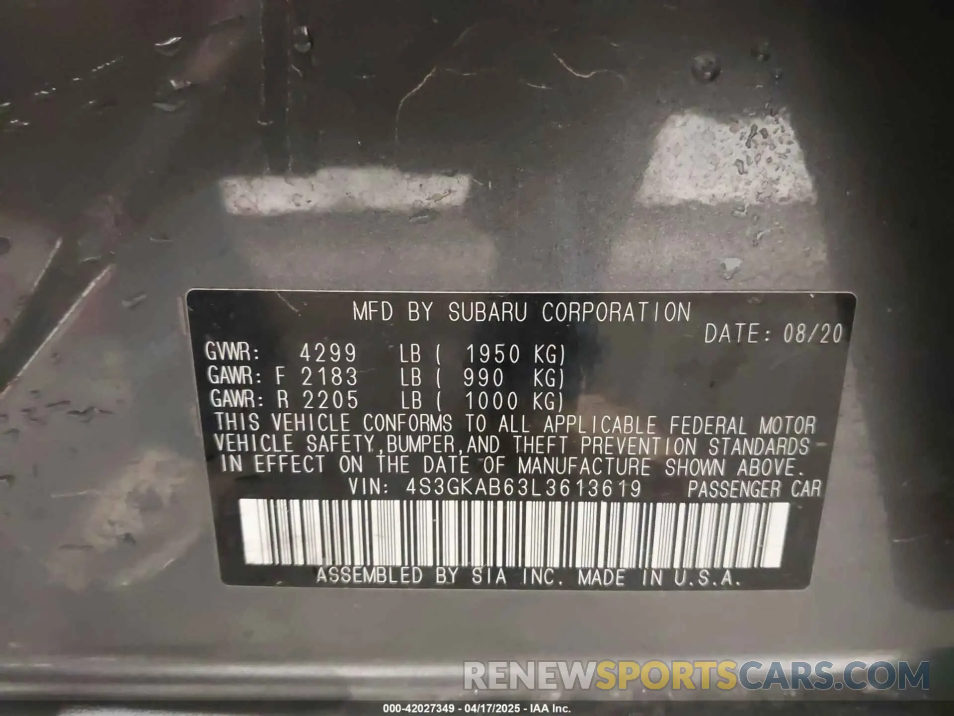 9 fotografías del automóvil dañado 4S3GKAB63L3613619 SUBARU IMPREZA 2020