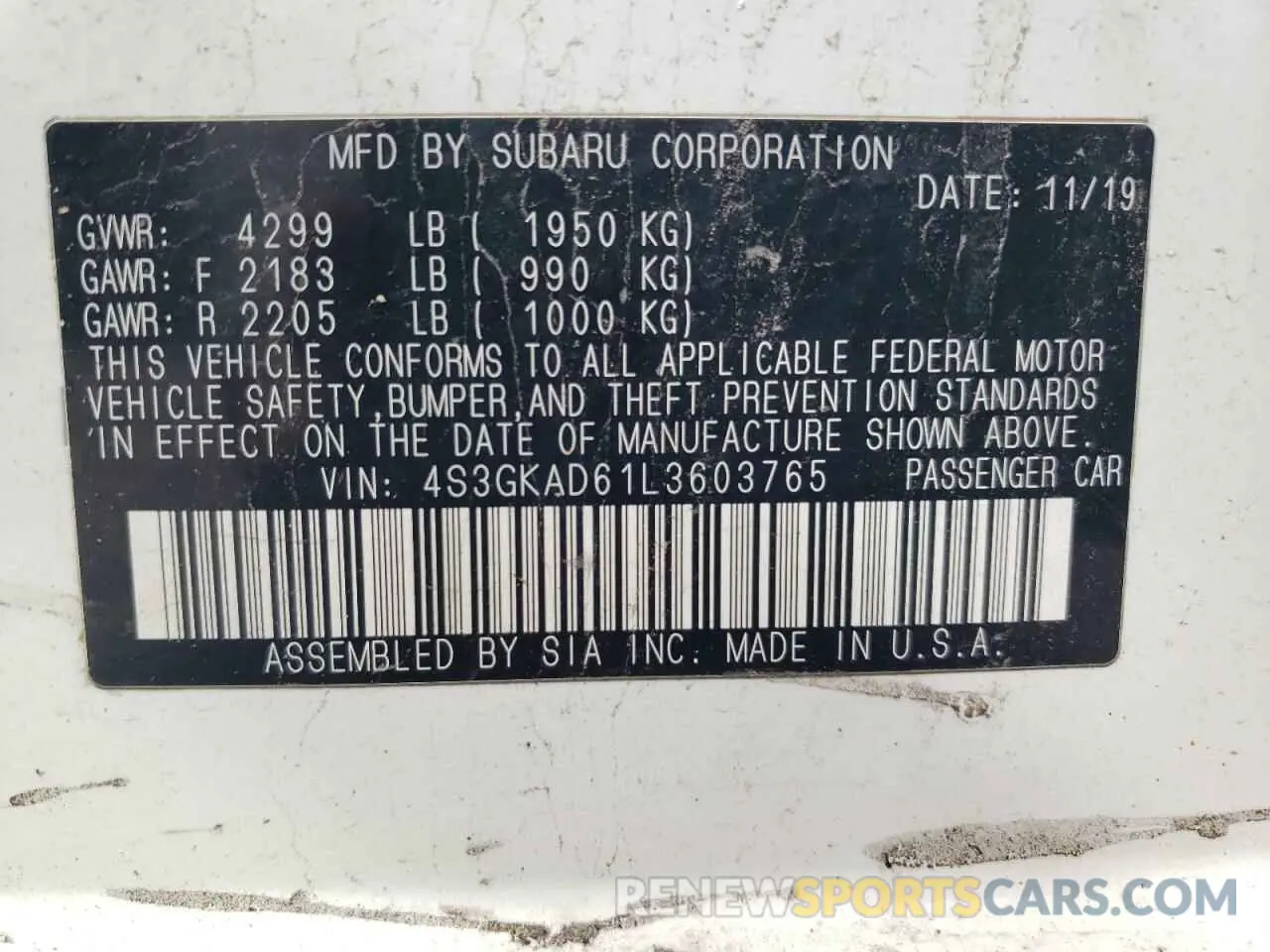 12 fotografías del automóvil dañado 4S3GKAD61L3603765 SUBARU IMPREZA 2020