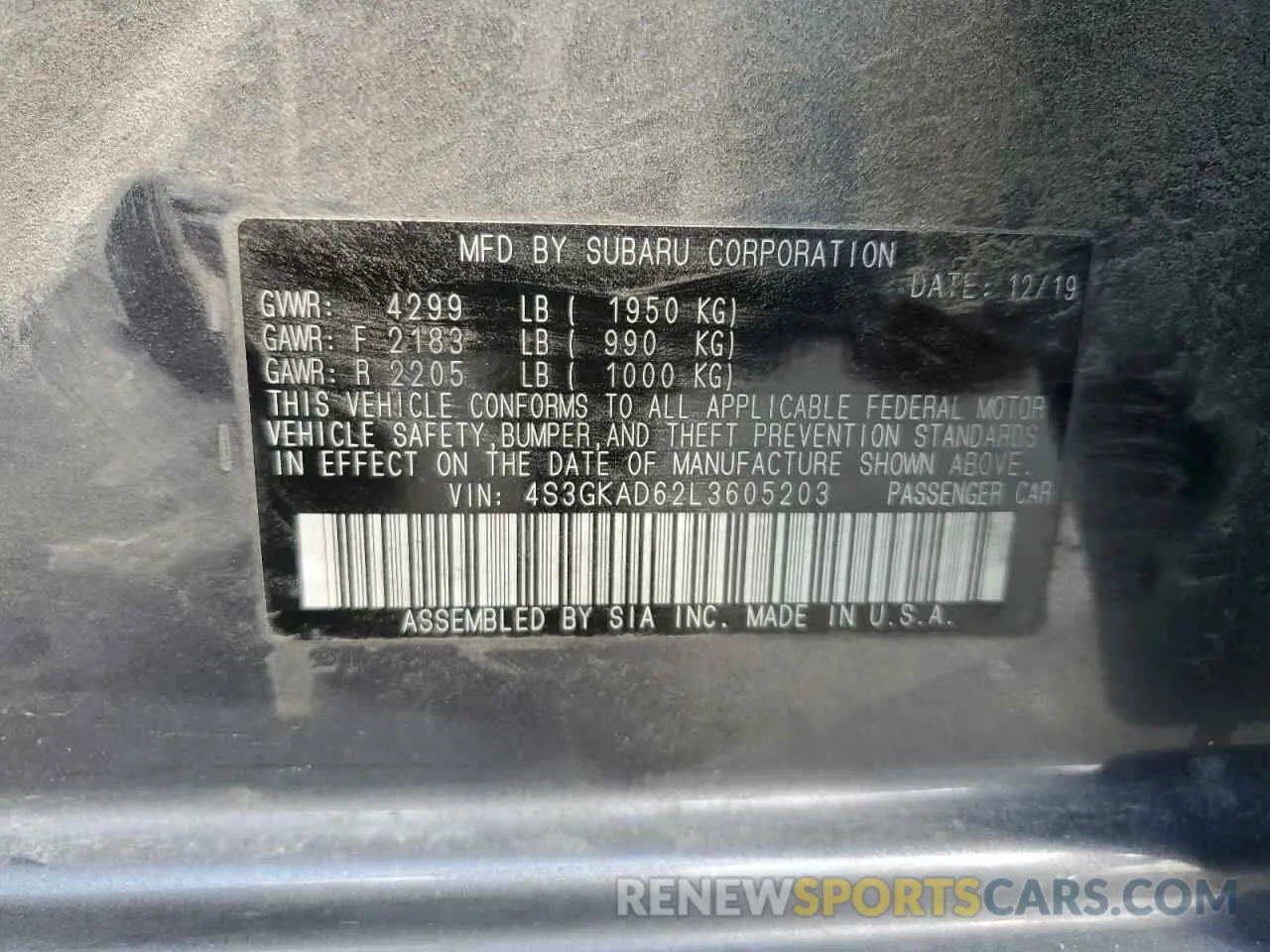 12 fotografías del automóvil dañado 4S3GKAD62L3605203 SUBARU IMPREZA 2020