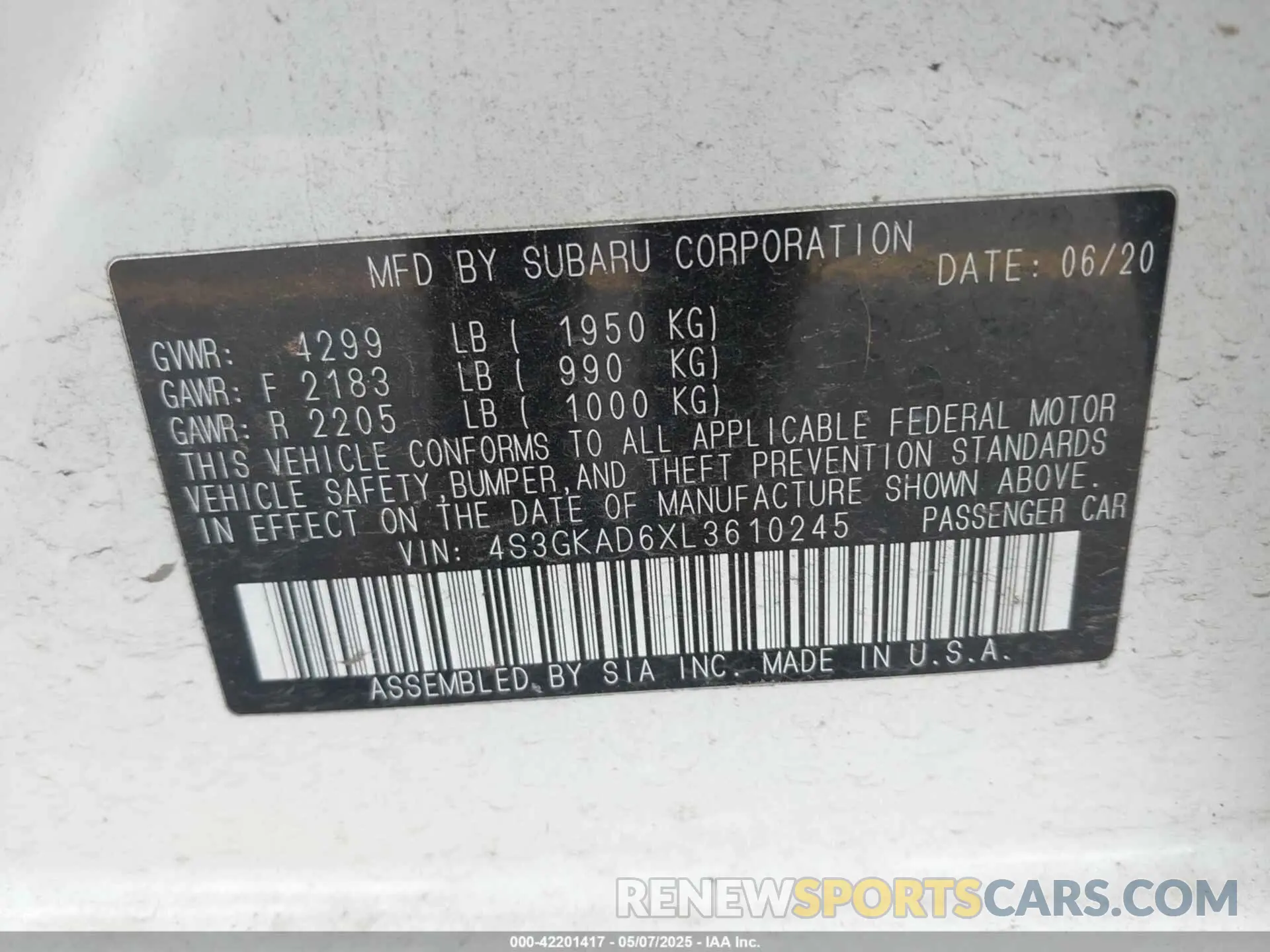 9 fotografías del automóvil dañado 4S3GKAD6XL3610245 SUBARU IMPREZA 2020