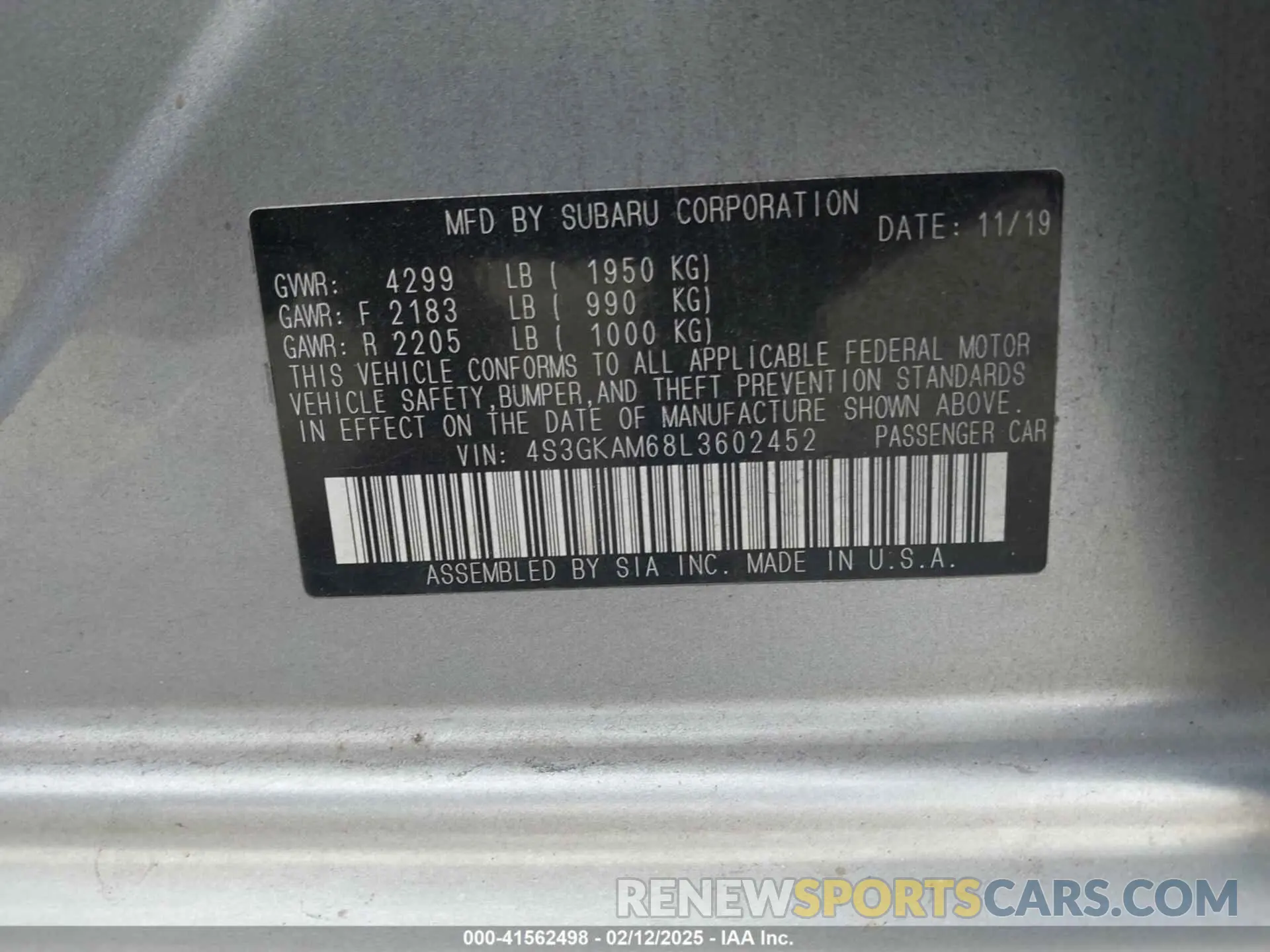 9 fotografías del automóvil dañado 4S3GKAM68L3602452 SUBARU IMPREZA 2020