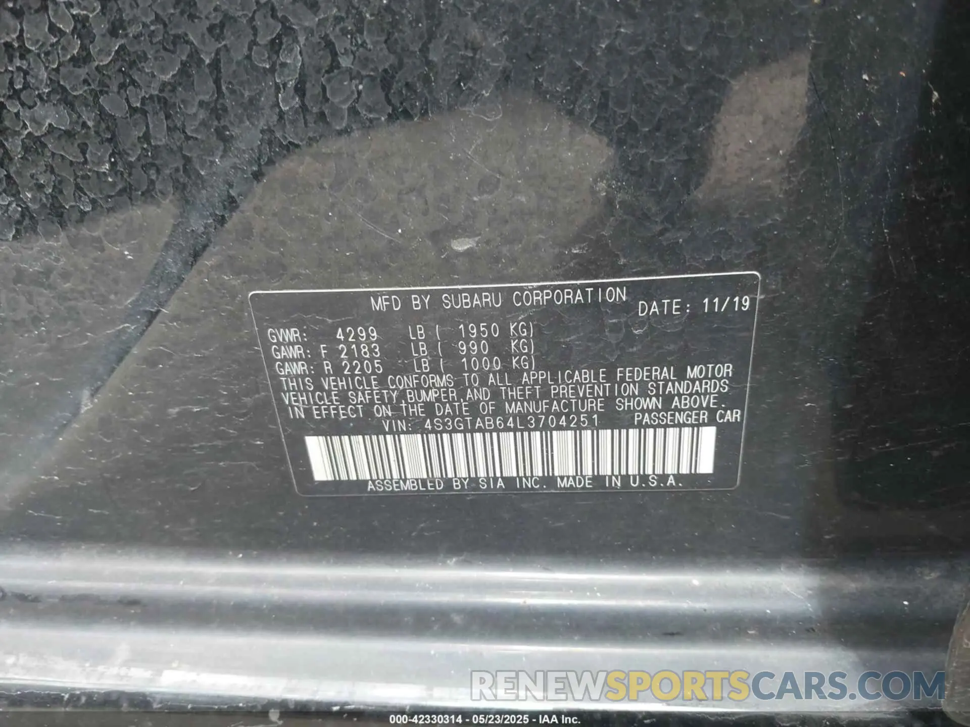 9 fotografías del automóvil dañado 4S3GTAB64L3704251 SUBARU IMPREZA 2020