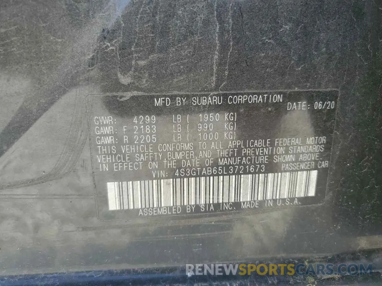 12 fotografías del automóvil dañado 4S3GTAB65L3721673 SUBARU IMPREZA 2020