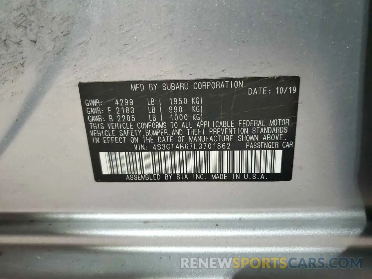 12 fotografías del automóvil dañado 4S3GTAB67L3701862 SUBARU IMPREZA 2020