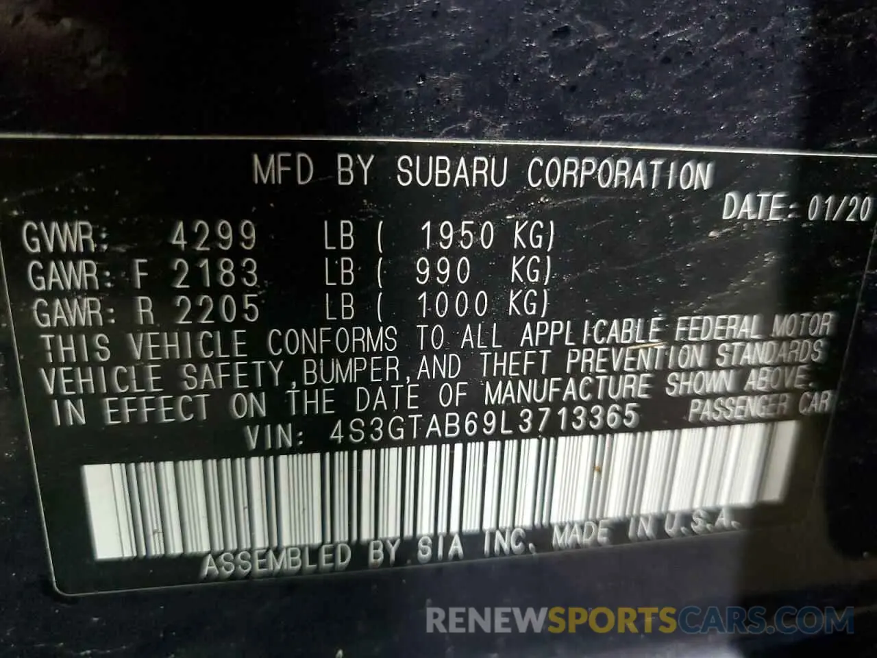 12 fotografías del automóvil dañado 4S3GTAB69L3713365 SUBARU IMPREZA 2020