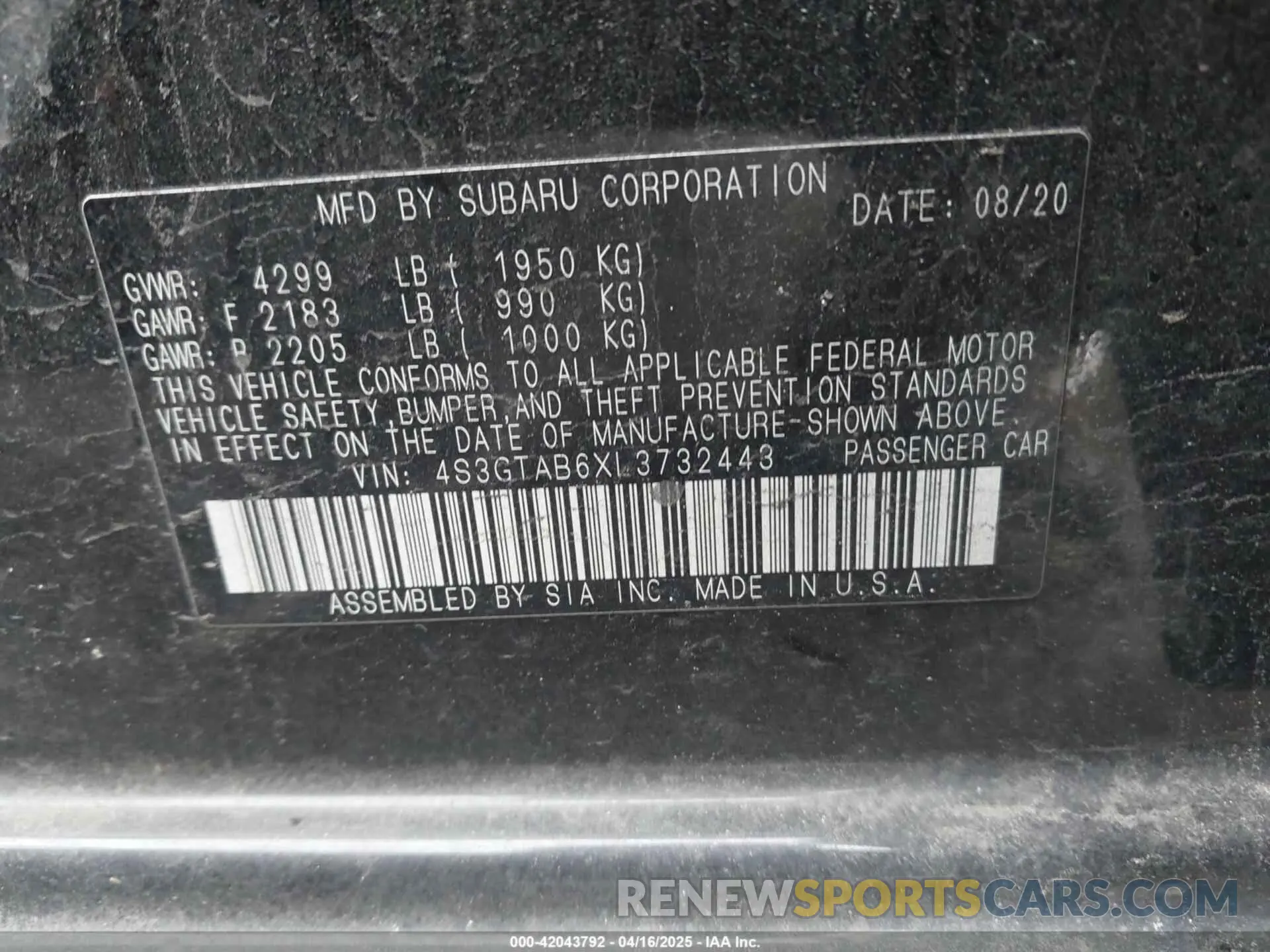 9 fotografías del automóvil dañado 4S3GTAB6XL3732443 SUBARU IMPREZA 2020