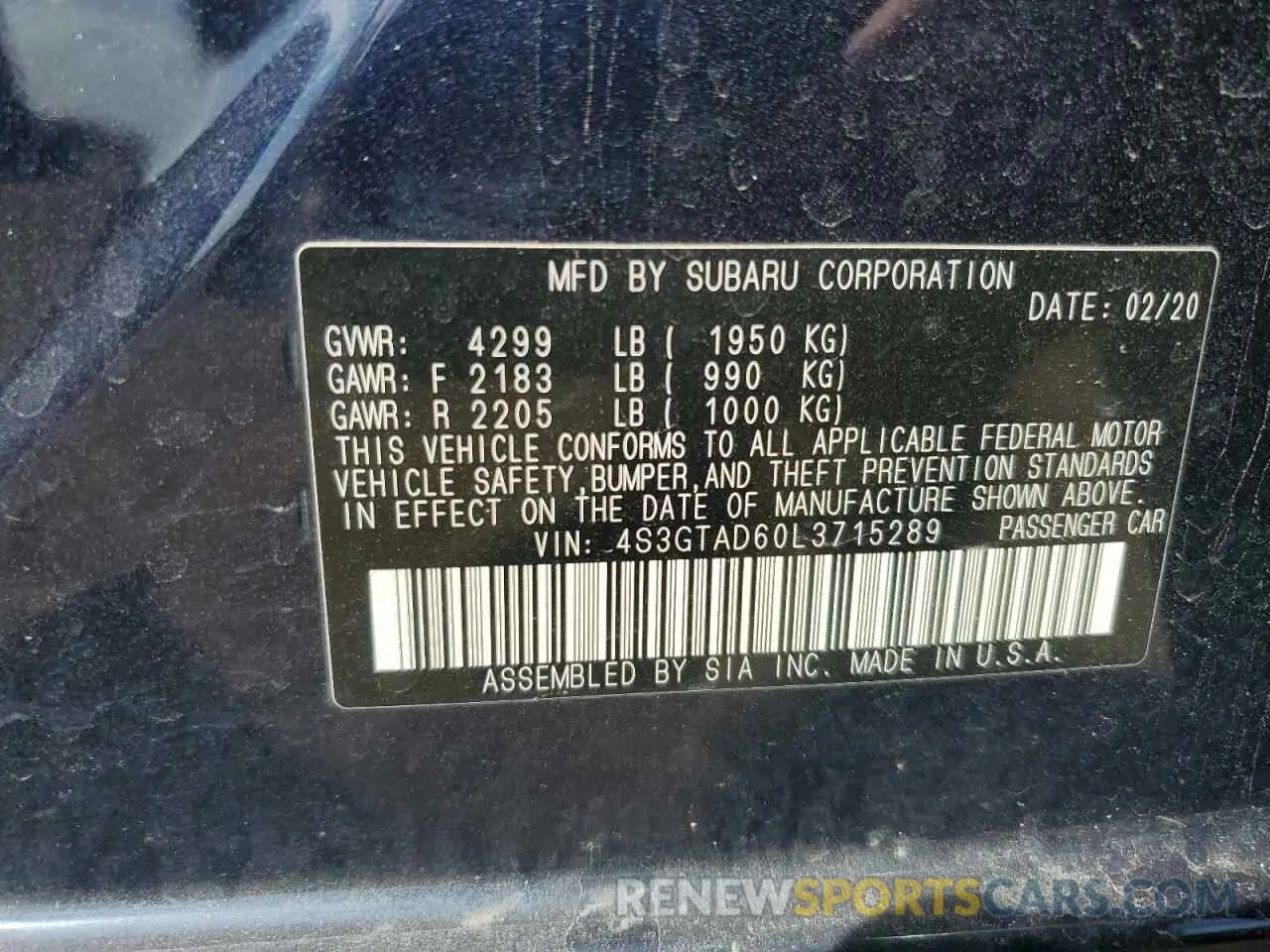 13 fotografías del automóvil dañado 4S3GTAD60L3715289 SUBARU IMPREZA 2020