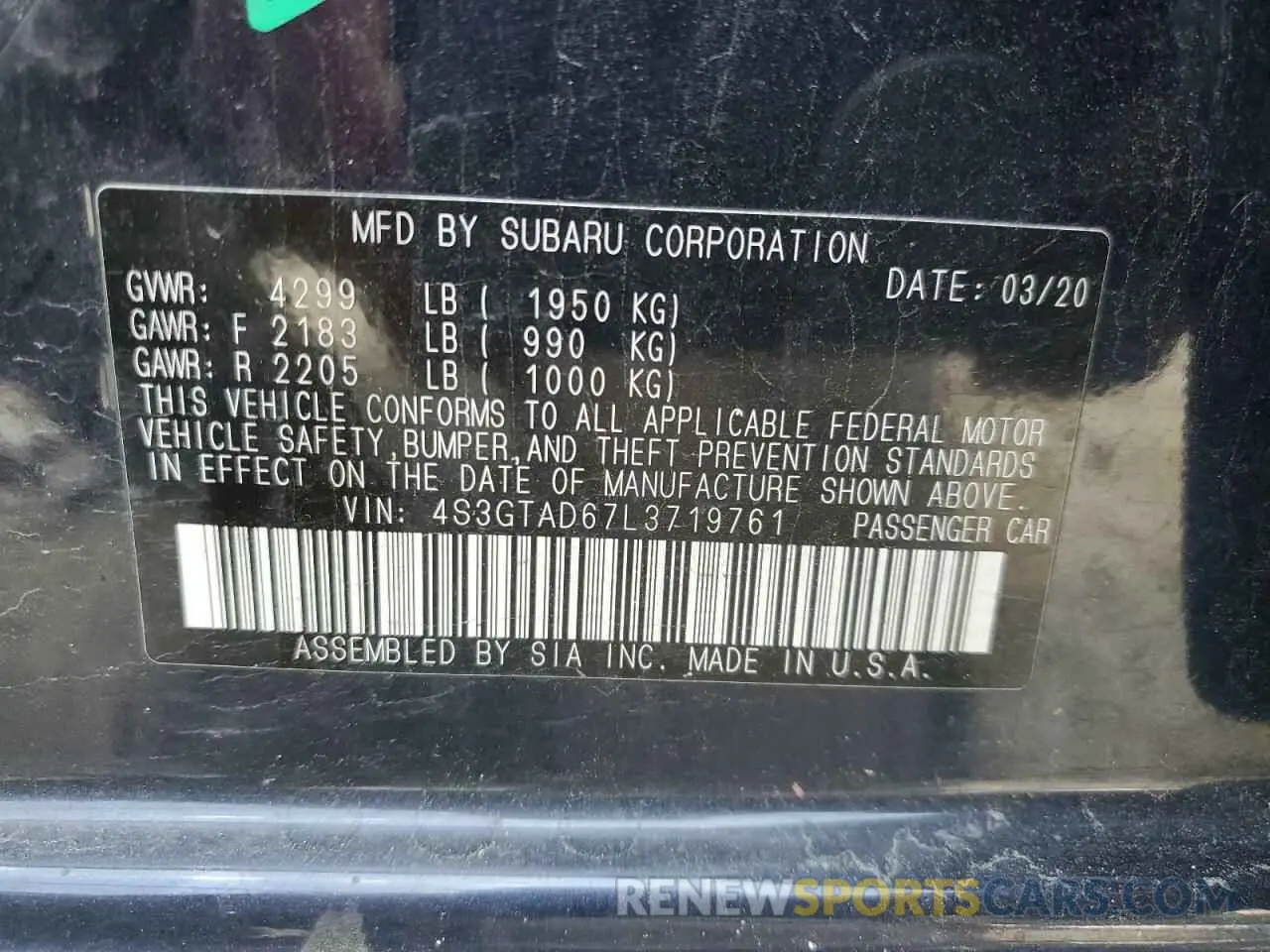 12 fotografías del automóvil dañado 4S3GTAD67L3719761 SUBARU IMPREZA 2020