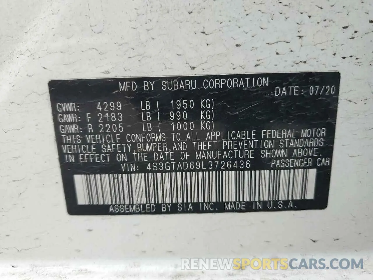 12 fotografías del automóvil dañado 4S3GTAD69L3726436 SUBARU IMPREZA 2020