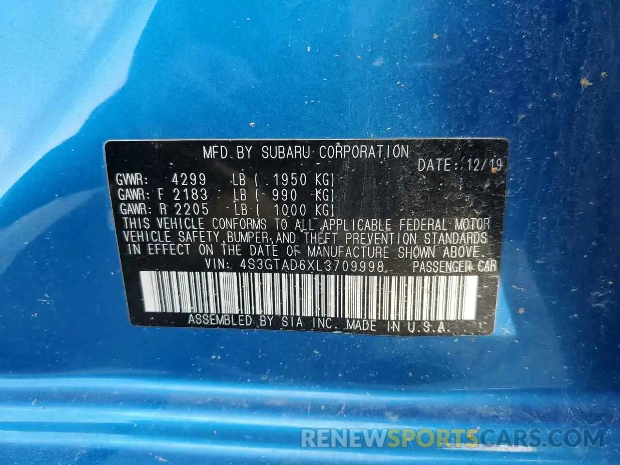 13 fotografías del automóvil dañado 4S3GTAD6XL3709998 SUBARU IMPREZA 2020
