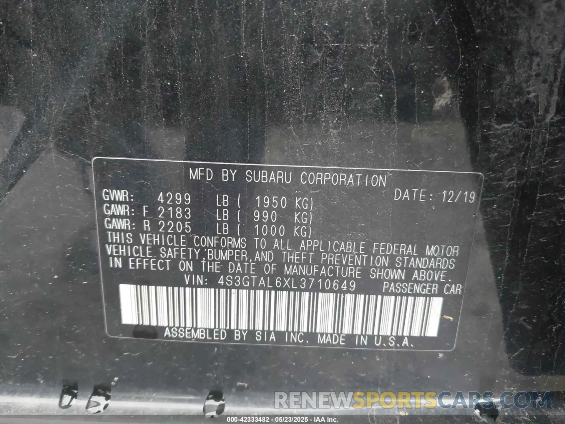 9 fotografías del automóvil dañado 4S3GTAL6XL3710649 SUBARU IMPREZA 2020