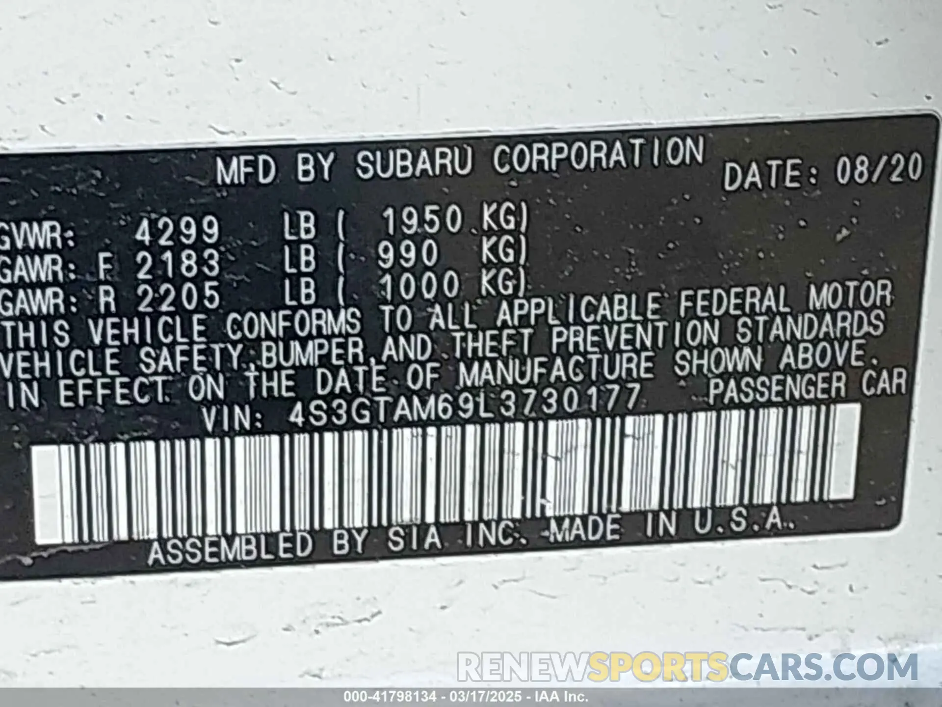 9 fotografías del automóvil dañado 4S3GTAM69L3730177 SUBARU IMPREZA 2020