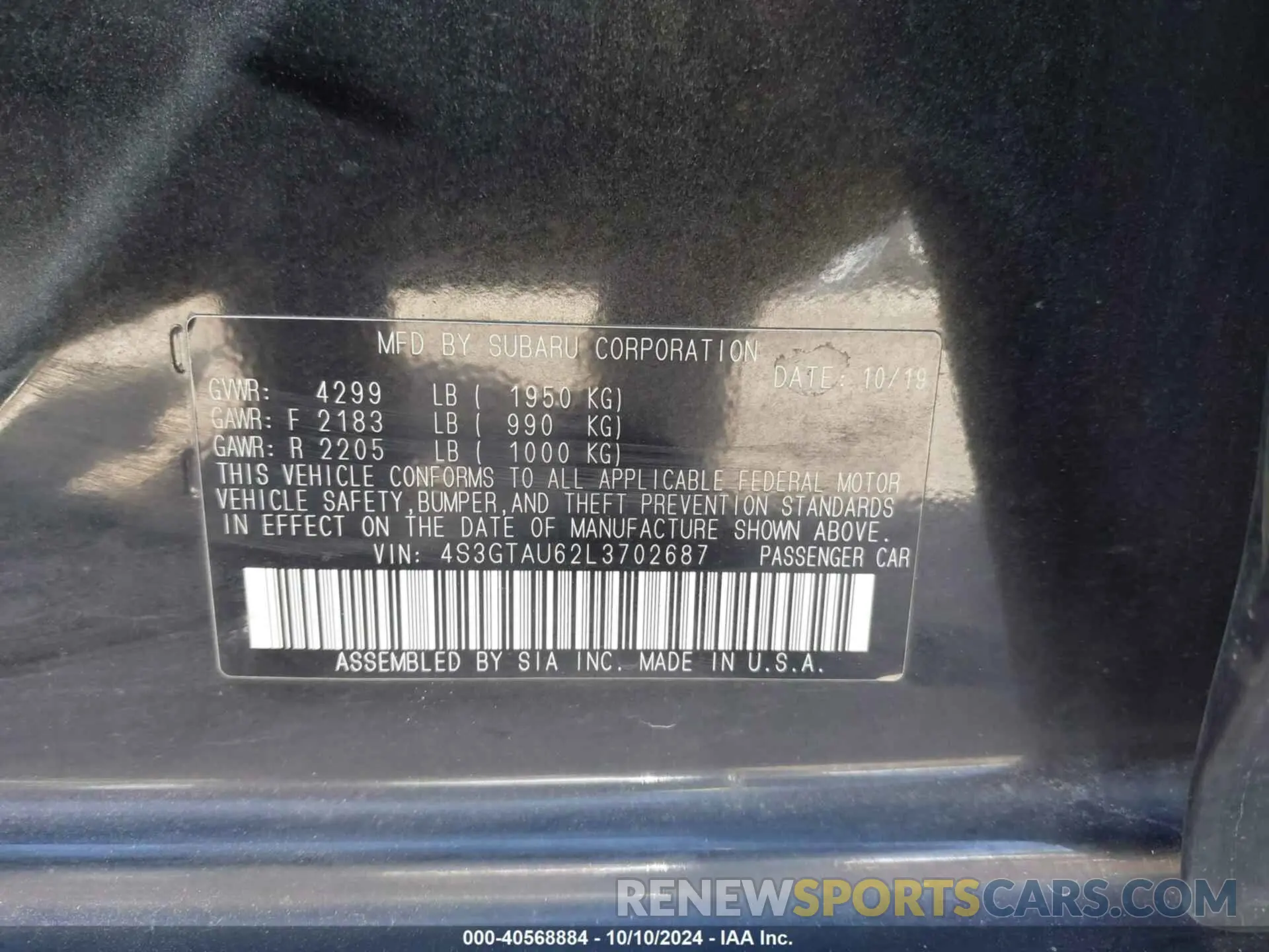 9 fotografías del automóvil dañado 4S3GTAU62L3702687 SUBARU IMPREZA 2020