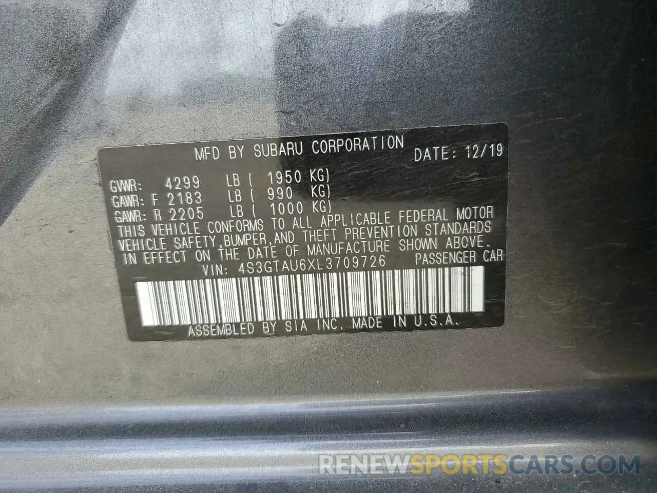 14 fotografías del automóvil dañado 4S3GTAU6XL3709726 SUBARU IMPREZA 2020
