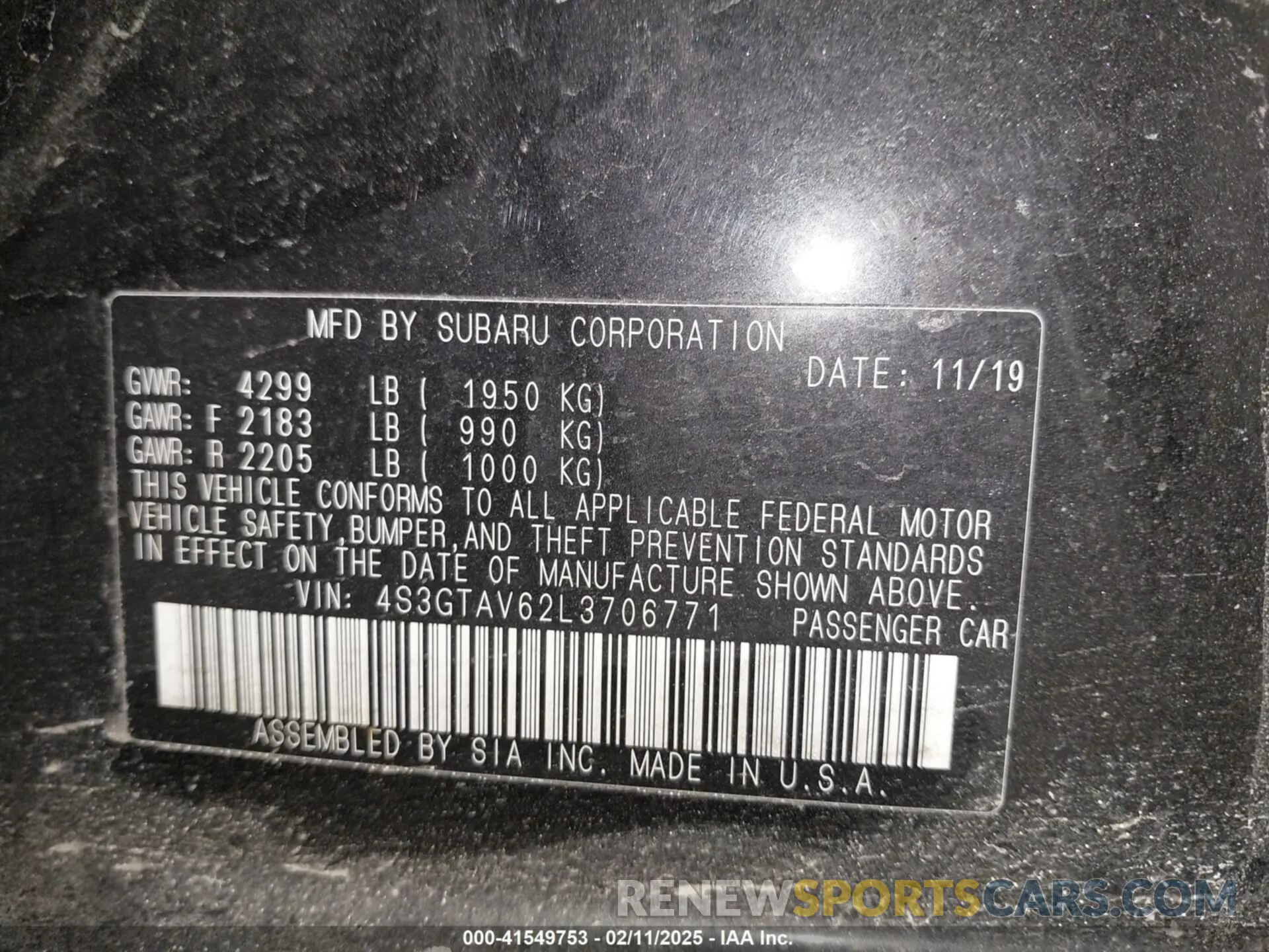 9 fotografías del automóvil dañado 4S3GTAV62L3706771 SUBARU IMPREZA 2020