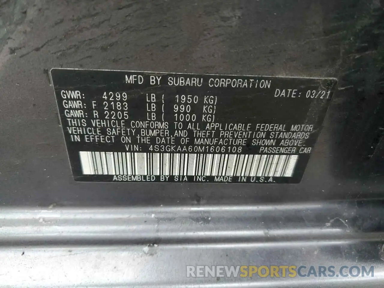 12 fotografías del automóvil dañado 4S3GKAA60M1606108 SUBARU IMPREZA 2021