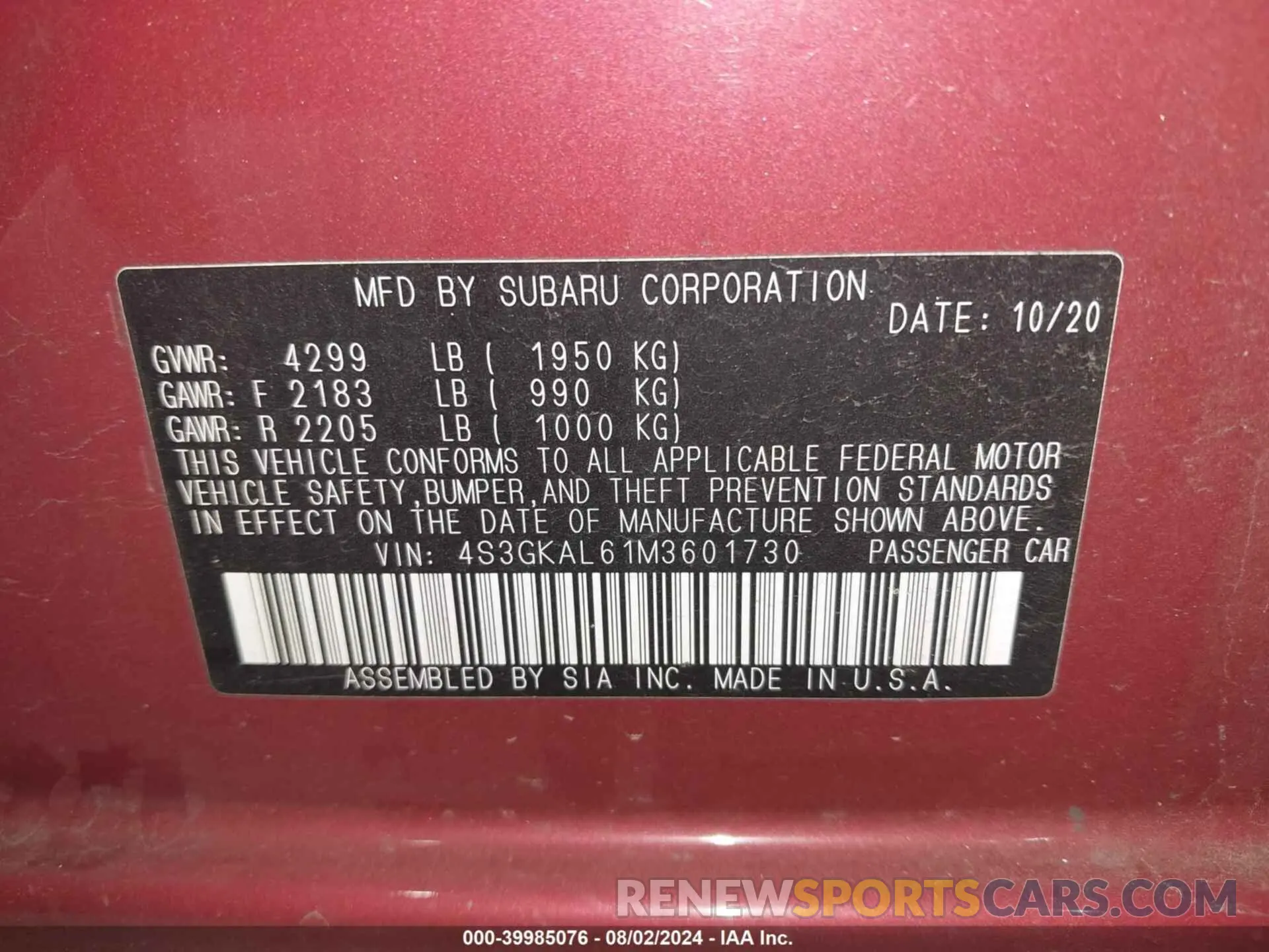 9 fotografías del automóvil dañado 4S3GKAL61M3601730 SUBARU IMPREZA 2021