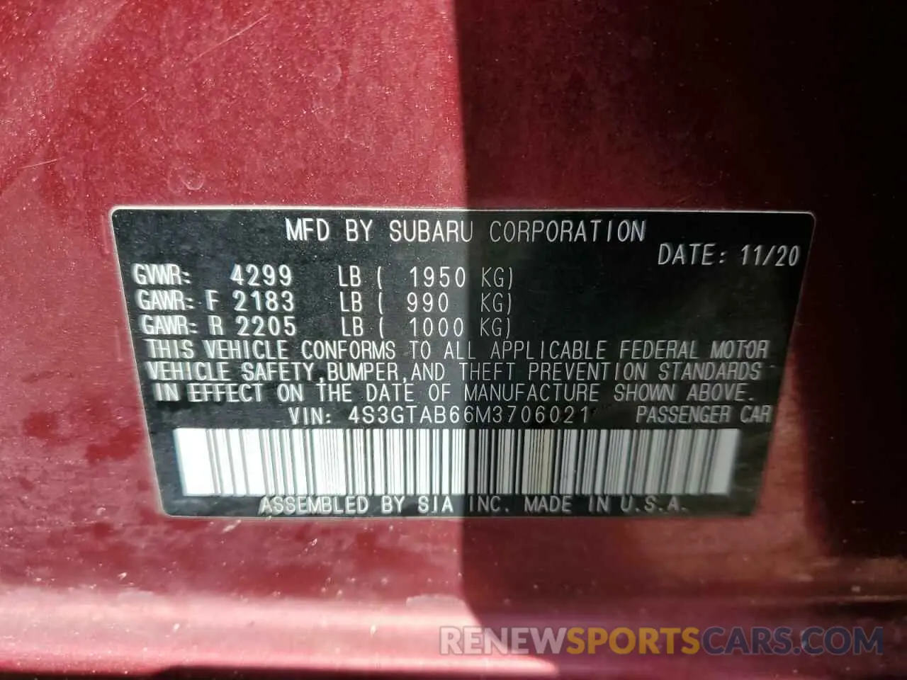12 fotografías del automóvil dañado 4S3GTAB66M3706021 SUBARU IMPREZA 2021