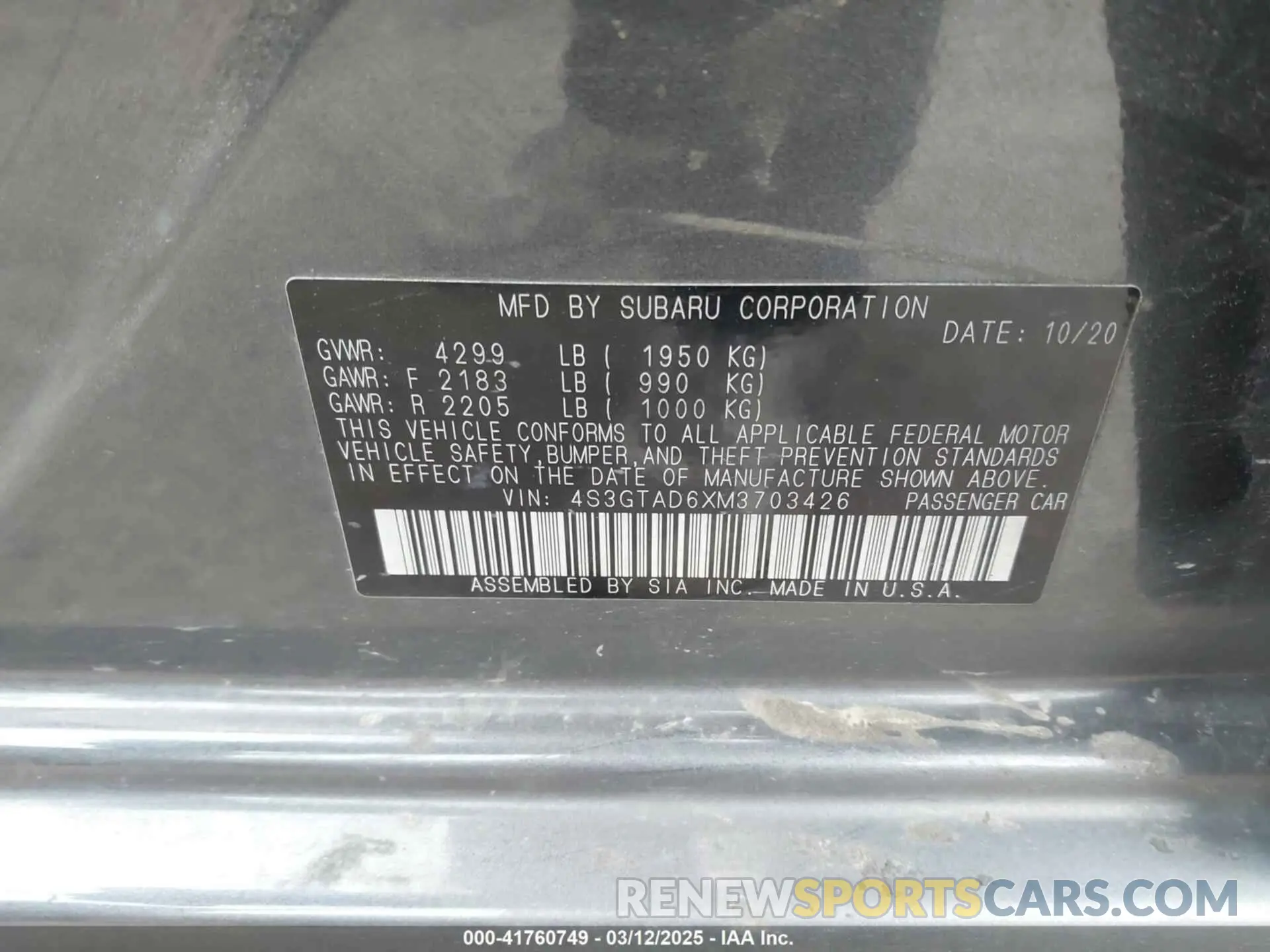 9 fotografías del automóvil dañado 4S3GTAD6XM3703426 SUBARU IMPREZA 2021