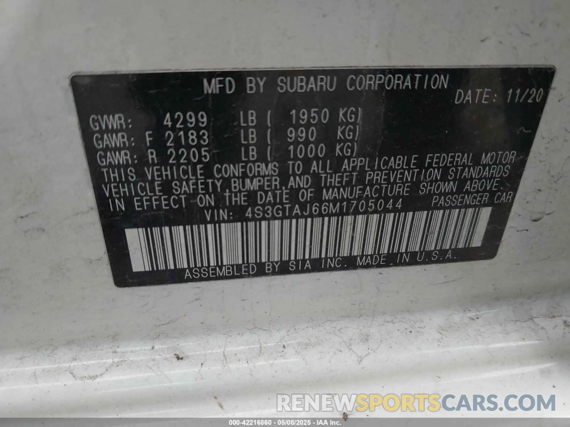 9 fotografías del automóvil dañado 4S3GTAJ66M1705044 SUBARU IMPREZA 2021