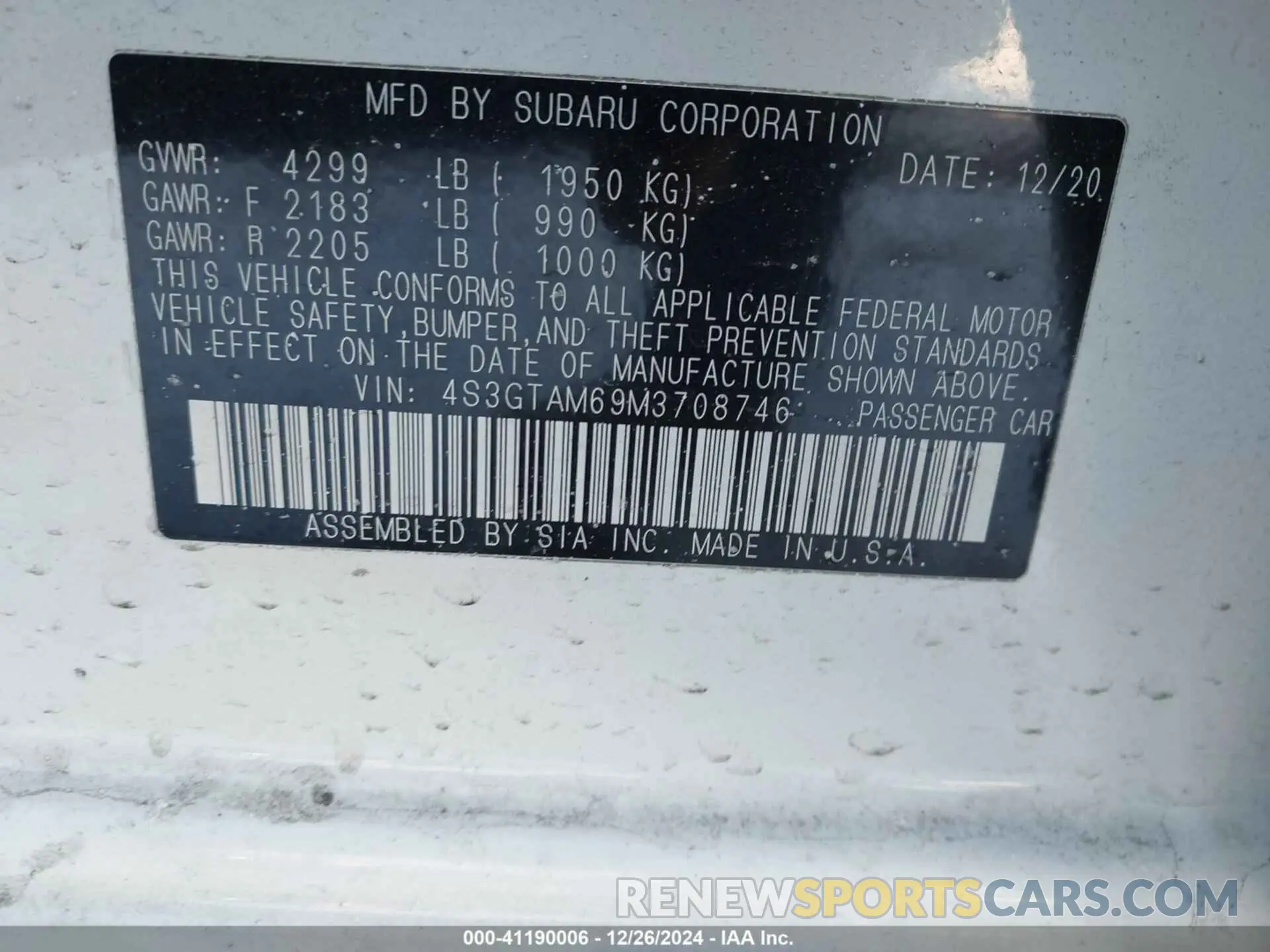 9 fotografías del automóvil dañado 4S3GTAM69M3708746 SUBARU IMPREZA 2021