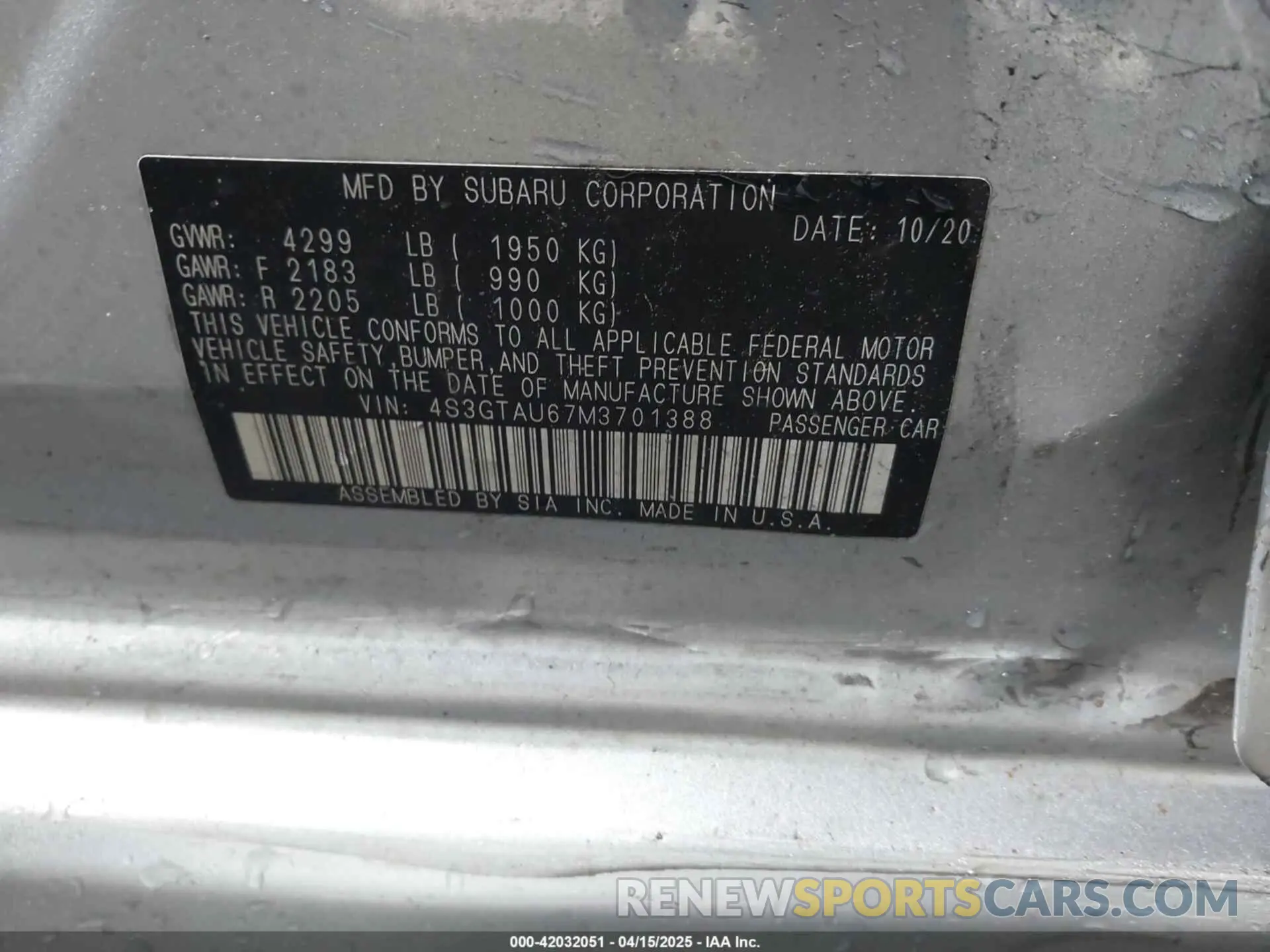 9 fotografías del automóvil dañado 4S3GTAU67M3701388 SUBARU IMPREZA 2021
