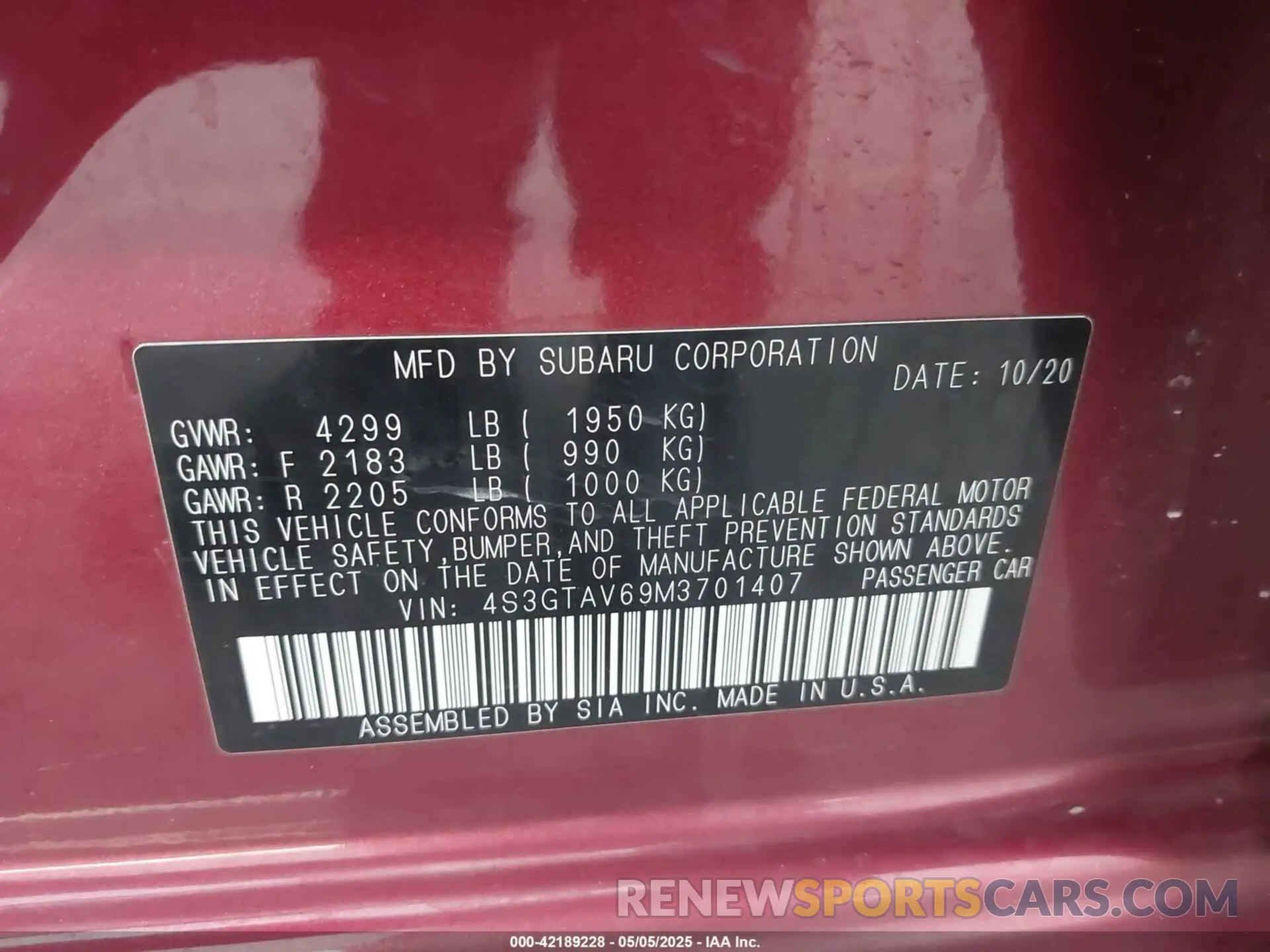 9 fotografías del automóvil dañado 4S3GTAV69M3701407 SUBARU IMPREZA 2021