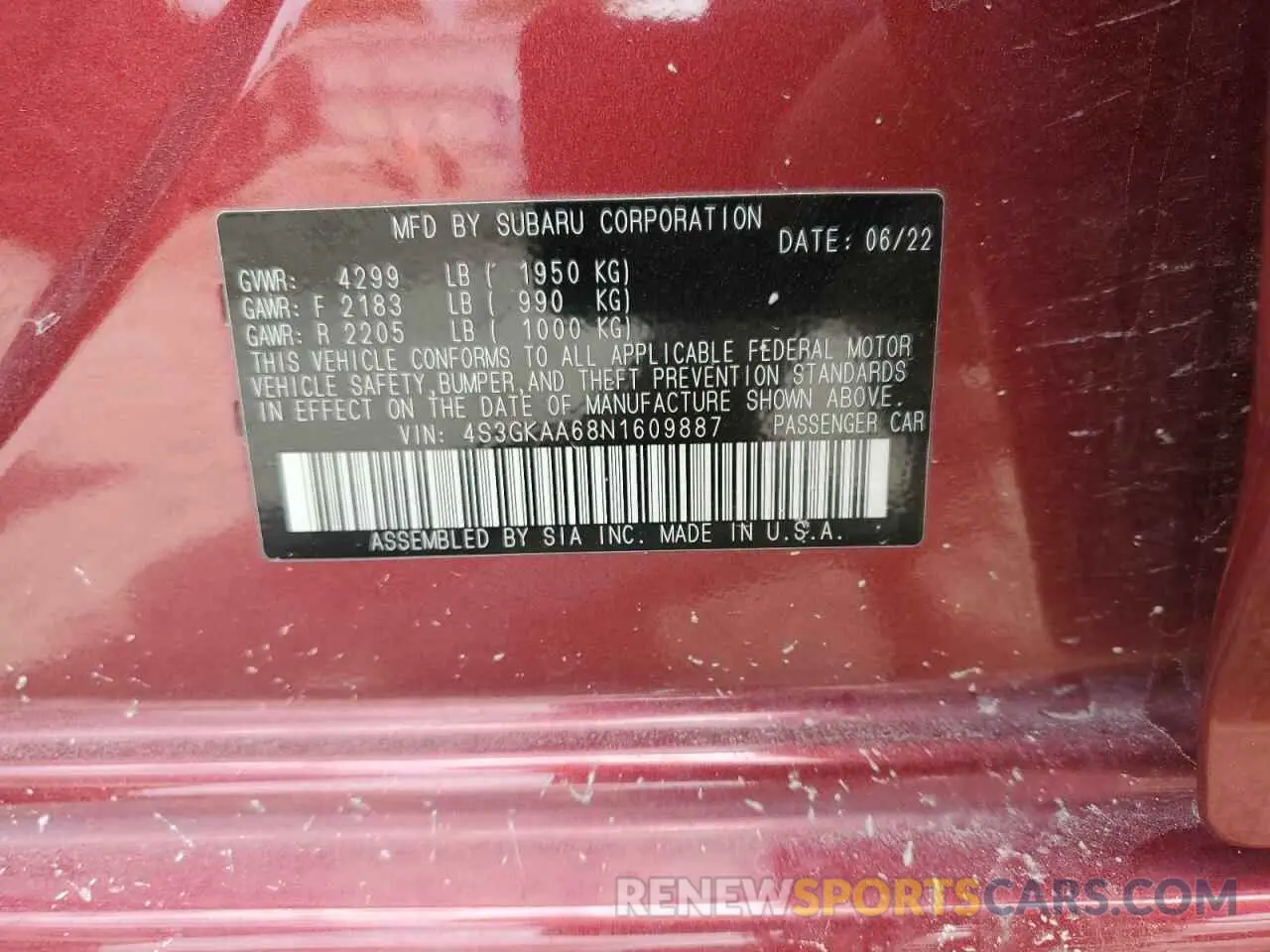 12 fotografías del automóvil dañado 4S3GKAA68N1609887 SUBARU IMPREZA 2022