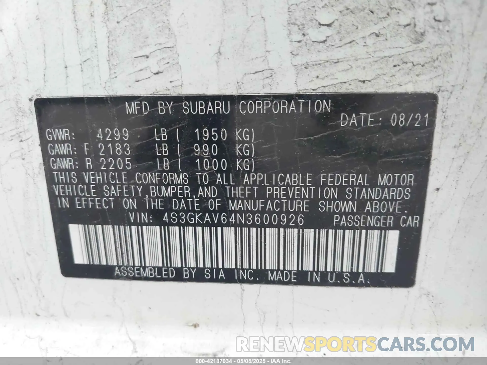 9 fotografías del automóvil dañado 4S3GKAV64N3600926 SUBARU IMPREZA 2022