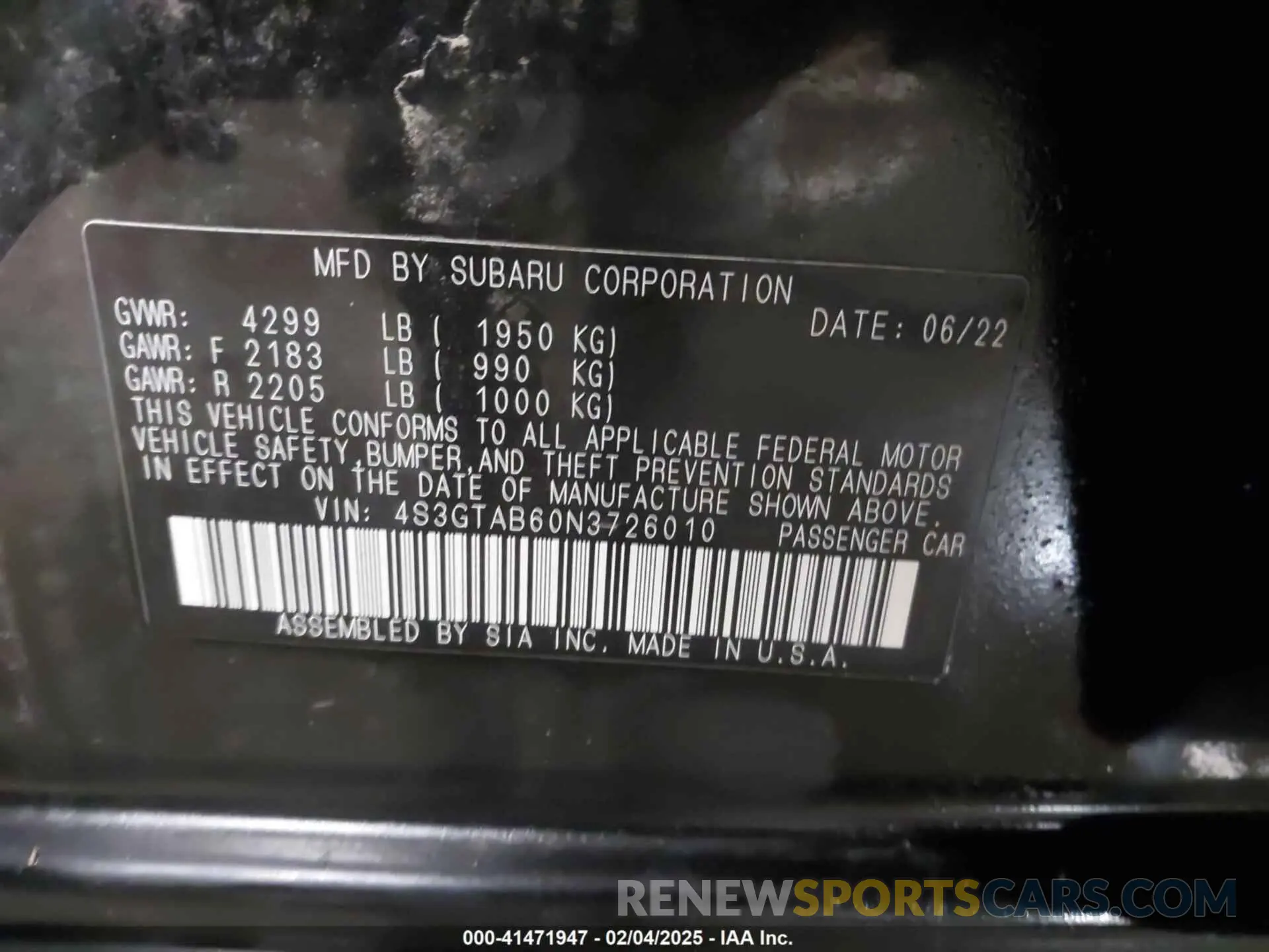 9 fotografías del automóvil dañado 4S3GTAB60N3726010 SUBARU IMPREZA 2022