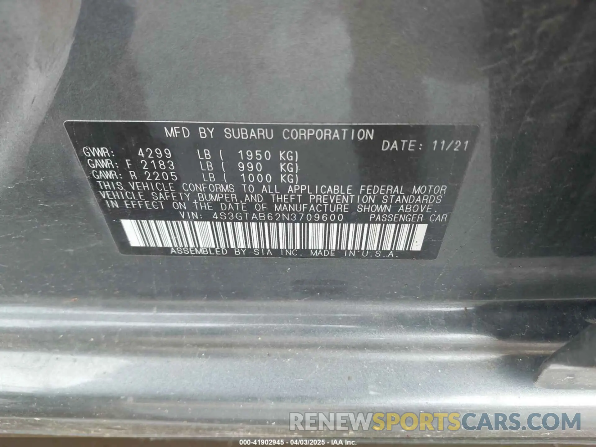 9 fotografías del automóvil dañado 4S3GTAB62N3709600 SUBARU IMPREZA 2022
