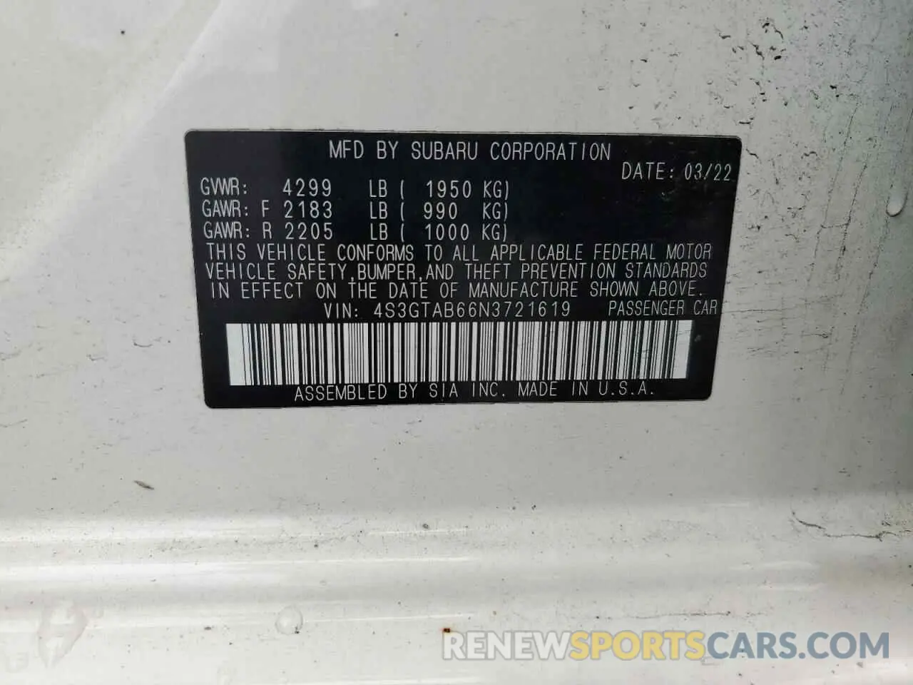 12 fotografías del automóvil dañado 4S3GTAB66N3721619 SUBARU IMPREZA 2022