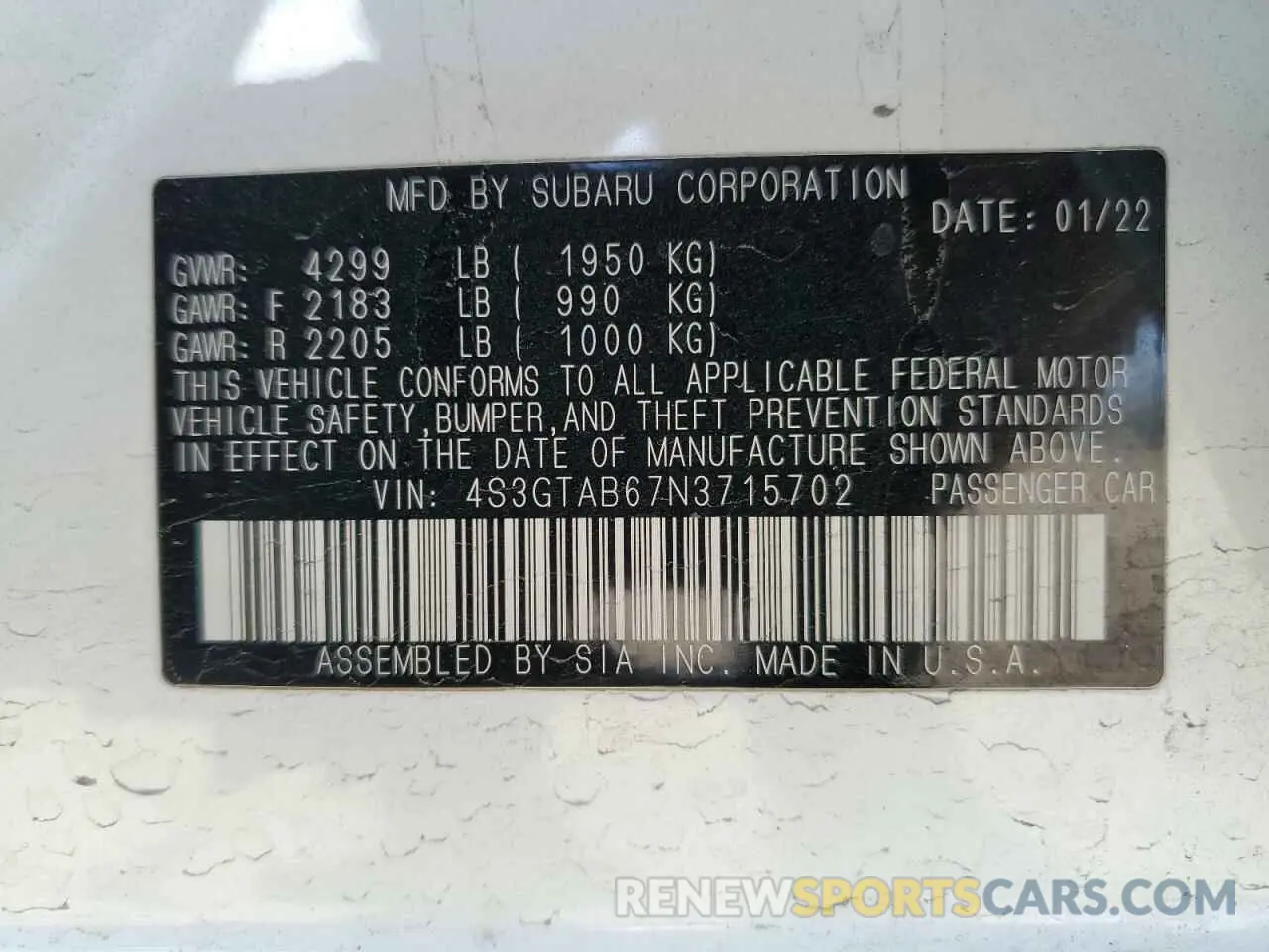 12 fotografías del automóvil dañado 4S3GTAB67N3715702 SUBARU IMPREZA 2022