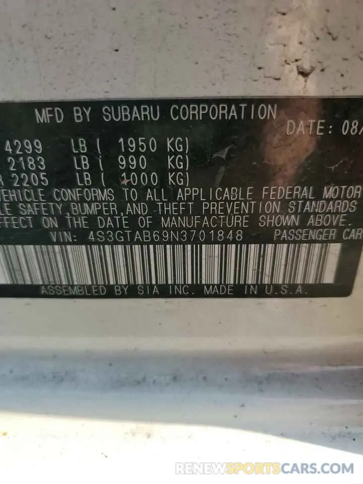 12 fotografías del automóvil dañado 4S3GTAB69N3701848 SUBARU IMPREZA 2022
