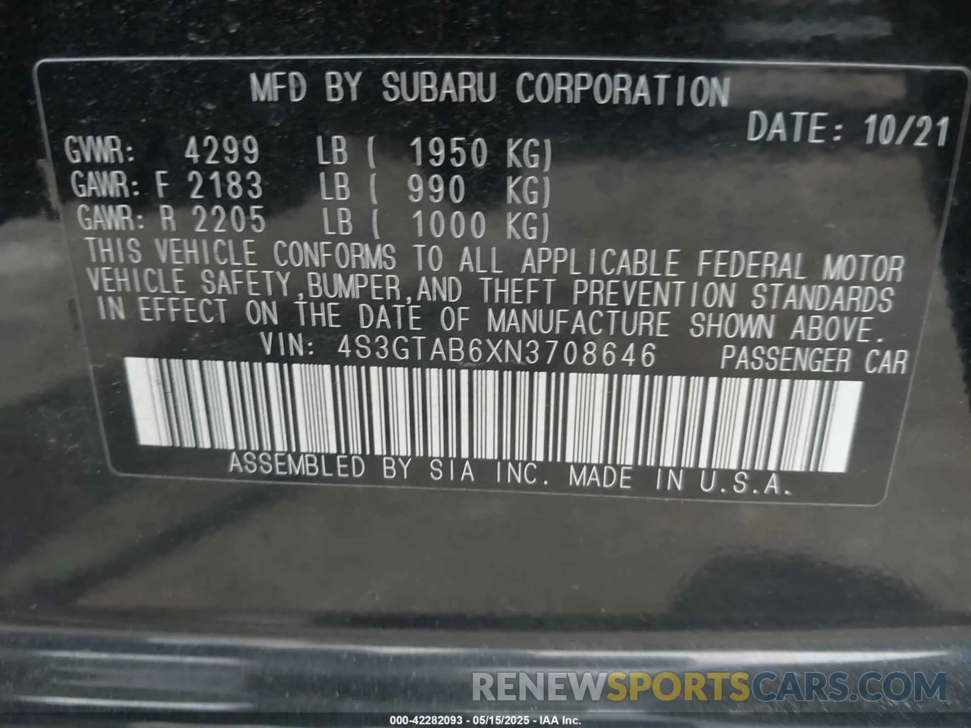 9 fotografías del automóvil dañado 4S3GTAB6XN3708646 SUBARU IMPREZA 2022
