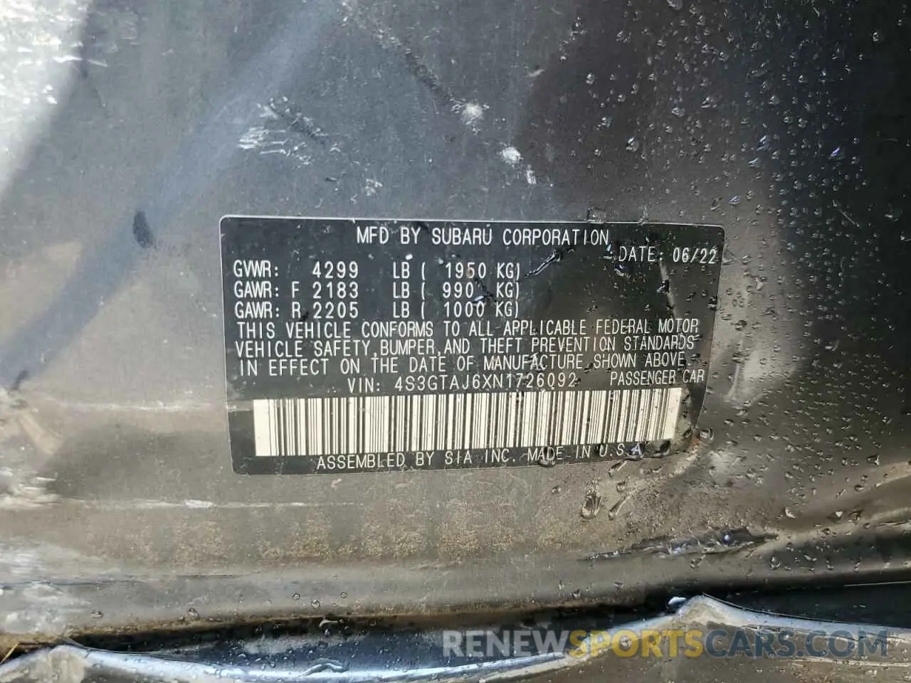13 fotografías del automóvil dañado 4S3GTAJ6XN1726092 SUBARU IMPREZA 2022